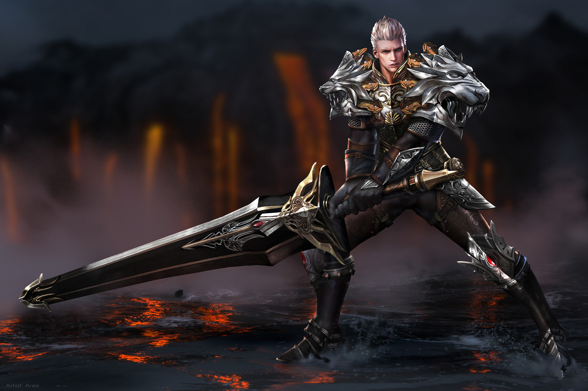 General 1920x1279 men drawing warrior short hair silver hair armor weapon silver steel sword dark water splashes