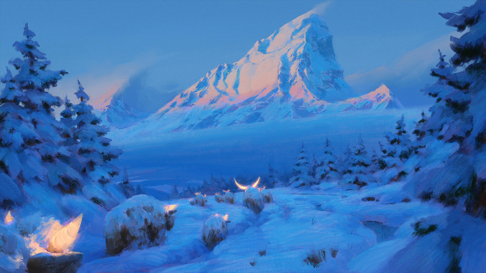 General 1920x1080 environment glowing horns mountains snow trees bison fantasy art artwork nature