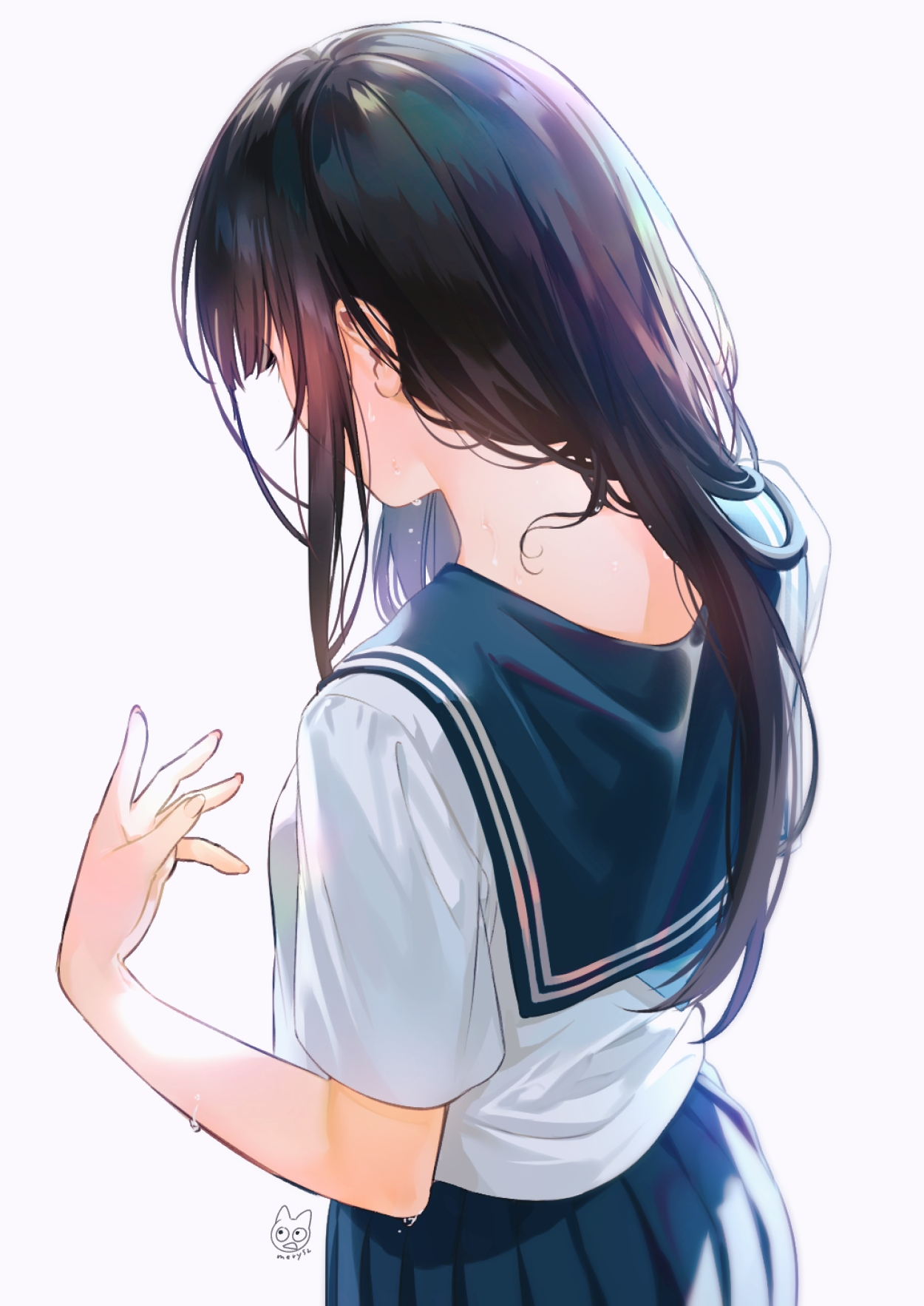 Anime 1250x1766 Hyouka anime girls 2D simple background long hair school uniform Chitanda Eru black hair fan art sweaty body anime blushing Mery (artist)