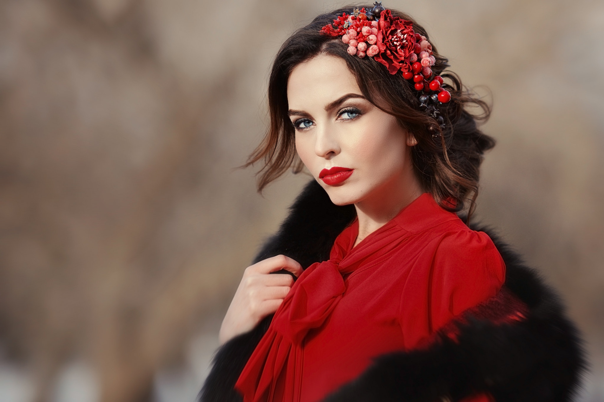People 2048x1366 Anastasia Grosheva red lipstick face women outdoors makeup portrait women model glamour