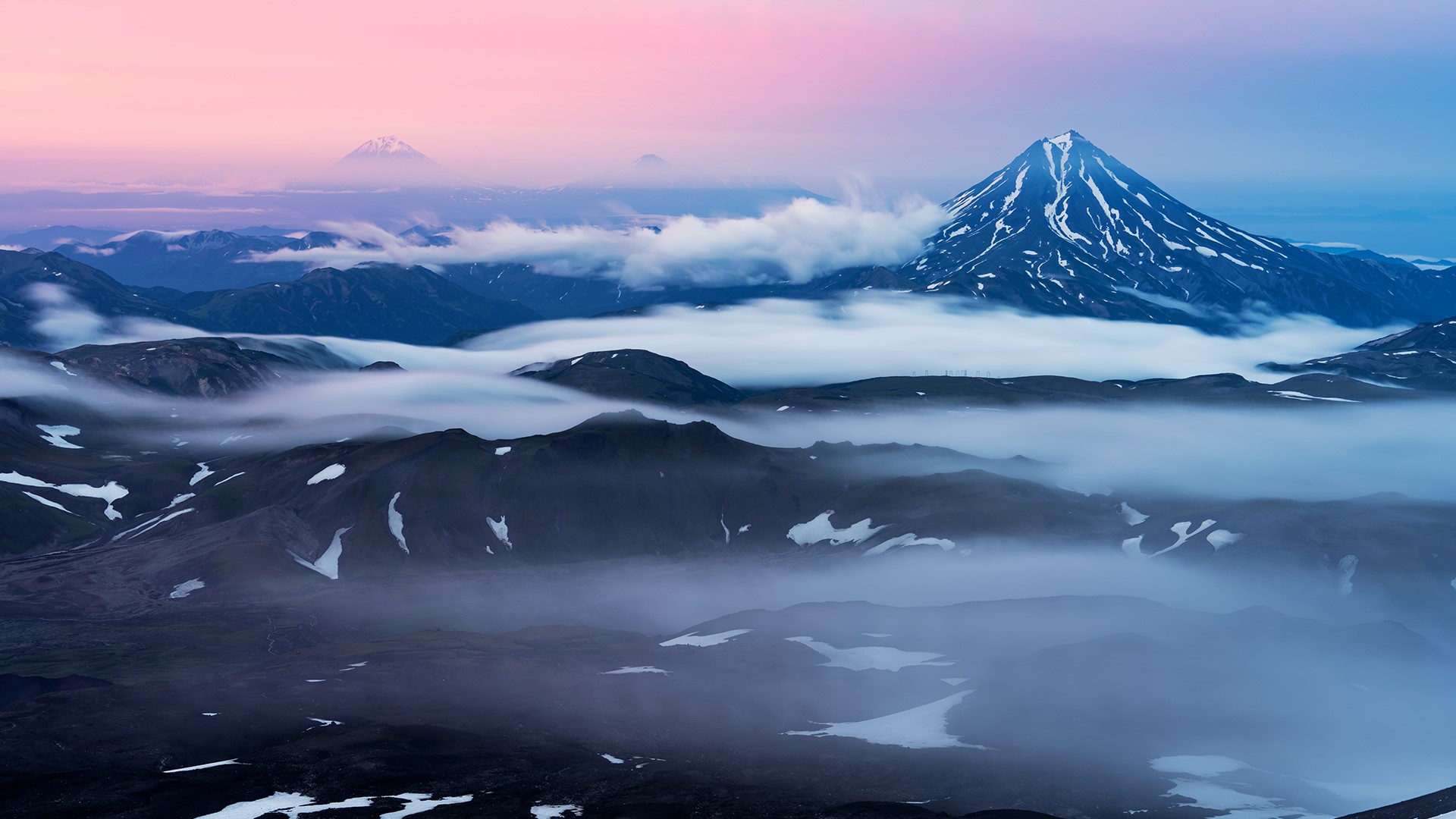 General 1920x1080 nature landscape mountains snow clouds mist sky sunrise snowy mountain Russia Vilyuchik Stratovolcano volcano