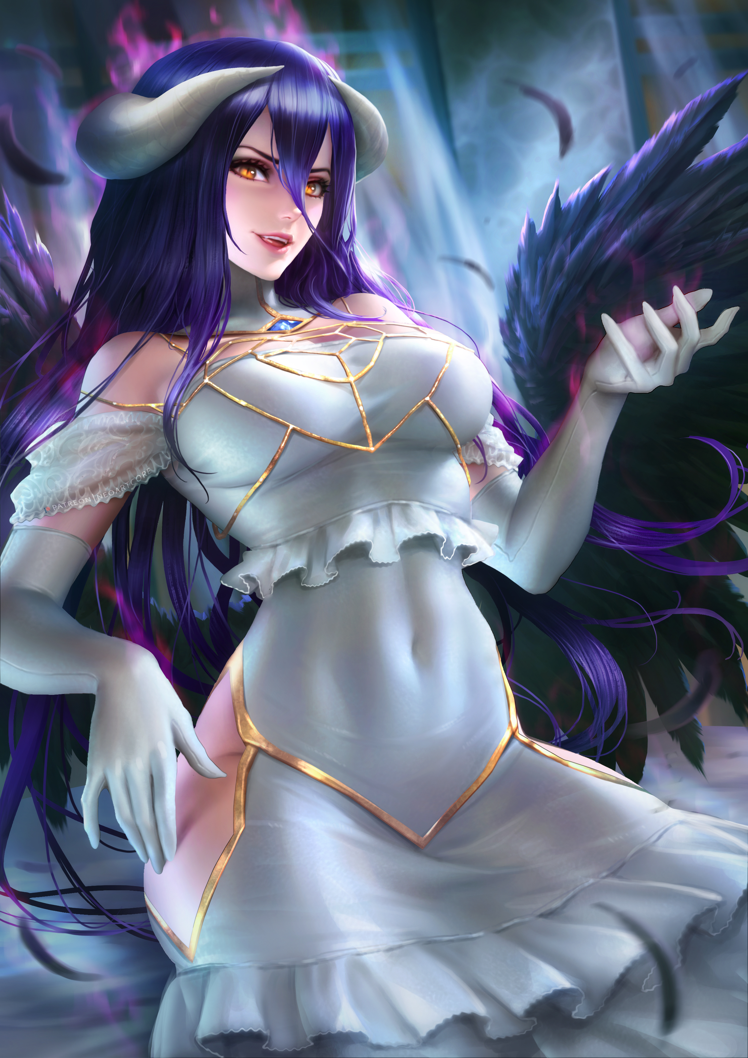 Anime 2480x3508 Albedo (OverLord) Overlord (anime) anime anime girls dark hair long hair horns fantasy girl succubus wings feathers looking at viewer yellow eyes smiling fangs dress white clothing white dress elbow gloves white gloves portrait display fantasy art illustration drawing artwork digital art fan art NeoArtCorE (artist) belly tight clothing