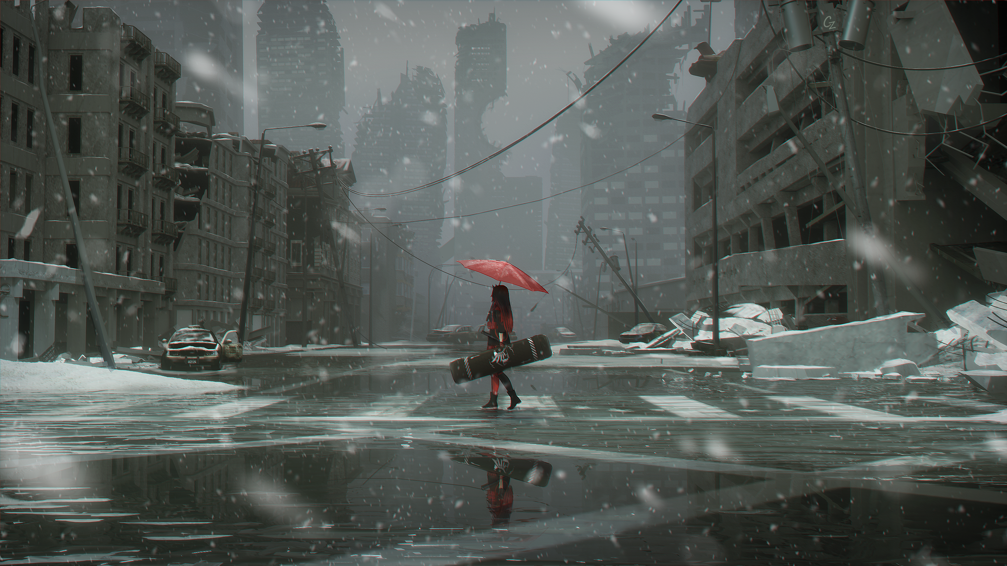 Anime 3408x1917 snow umbrella Punishing: Gray Raven apocalyptic walking reflection ruins building anime girls crosswalk snowing