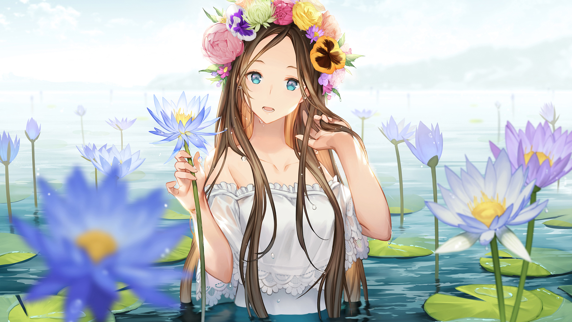 Anime 1920x1080 brunette water flowers water lilies long hair blue eyes anime girls Gahyun flower crown white dress standing in water open mouth looking at viewer