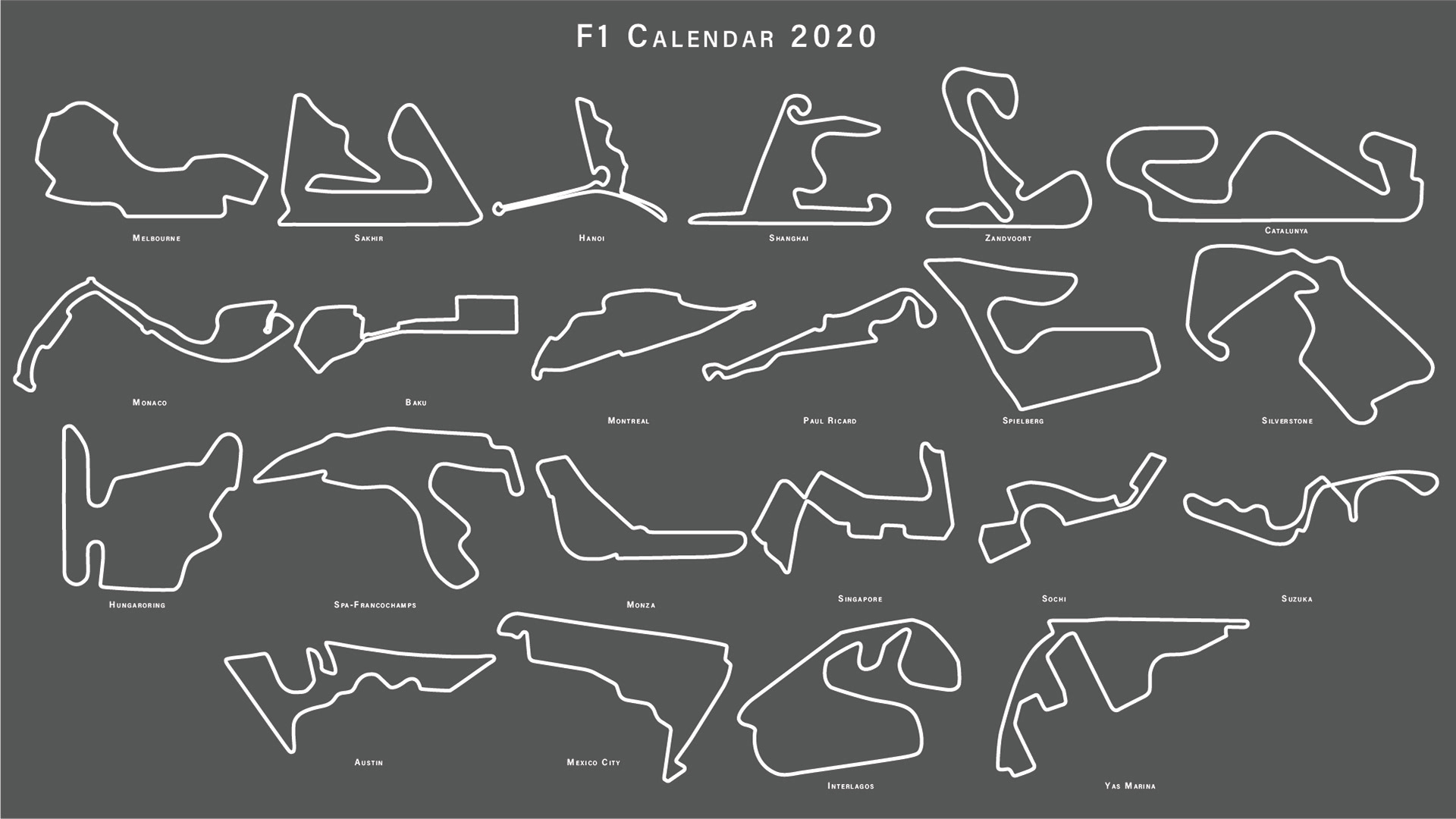General 1920x1080 digital art minimalism gray background sport Formula 1 calendar 2020 (Year) circuit