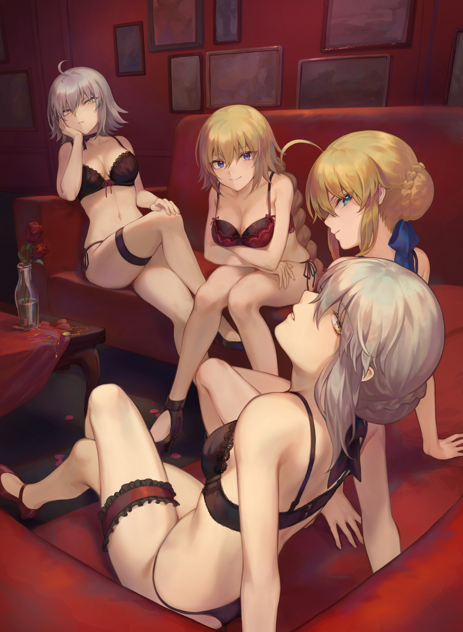 Anime 1482x2022 anime anime girls digital art artwork portrait display boobs big boobs small boobs long hair short hair Fate/Grand Order Jeanne (Alter) (Fate/Grand Order) Jeanne d'Arc (Fate) Artoria Pendragon Fate/Apocrypha  Fate series Fate/Stay Night fate/stay night: heaven's feel gray hair blonde green eyes blue eyes bra black bras rose room panties black panties couch underwear cleavage Saber Alter Saber Mashu 003