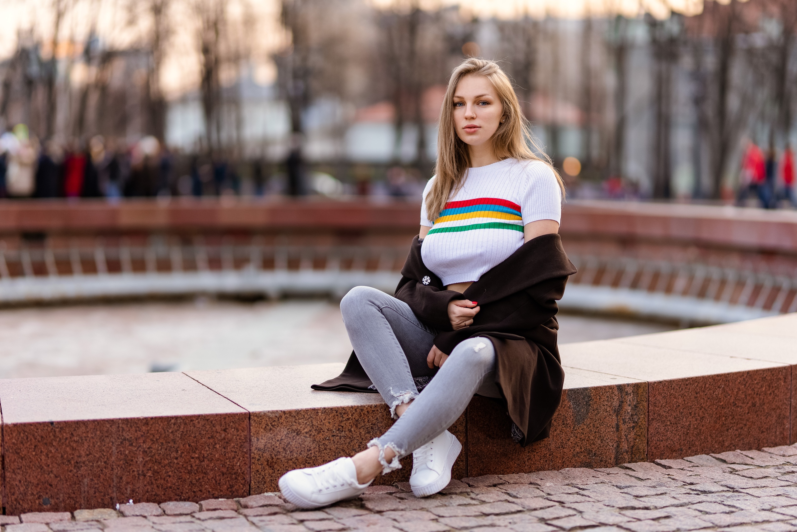 People 2560x1707 Anna Bykanova women model blonde long hair looking at viewer nose ring smiling crop top white tops jeans coats sitting urban depth of field outdoors women outdoors Ilya Pistoletov no bra painted nails red nails brown jacket T-shirt striped tops Caucasian nipple bulge