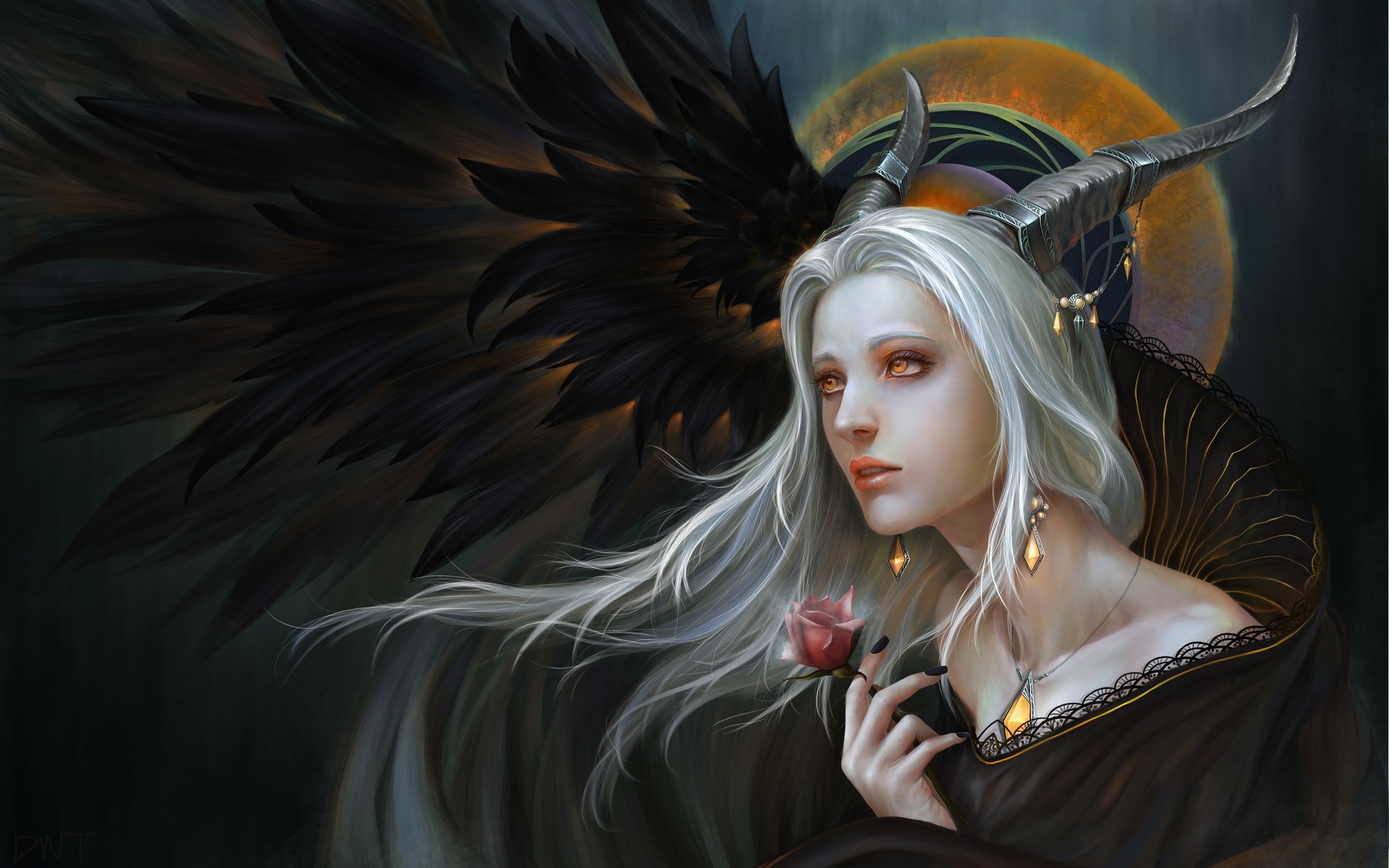General 1920x1200 artwork fantasy art fantasy girl women silver hair wings horns flowers demon people digital art