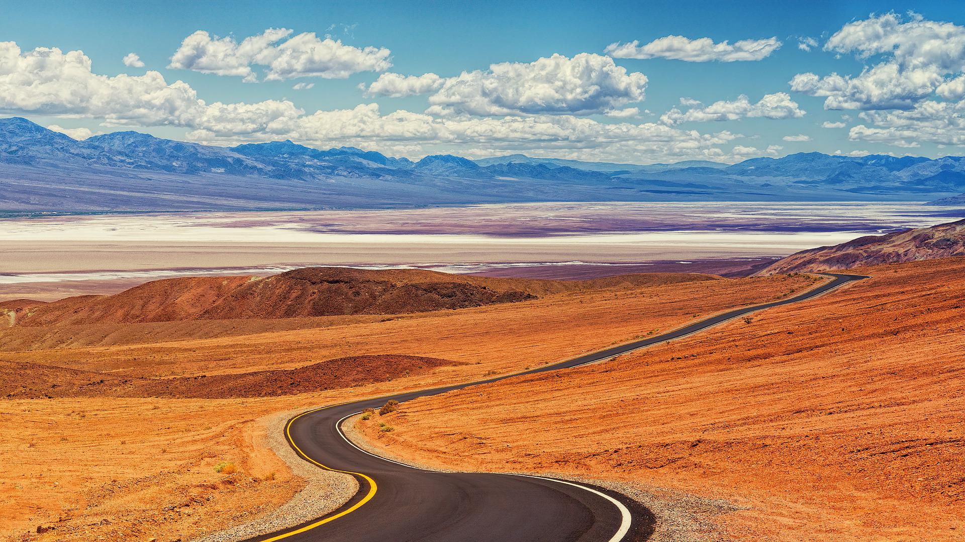 General 1920x1080 Death Valley road clouds mountains orange blue white rocks far view