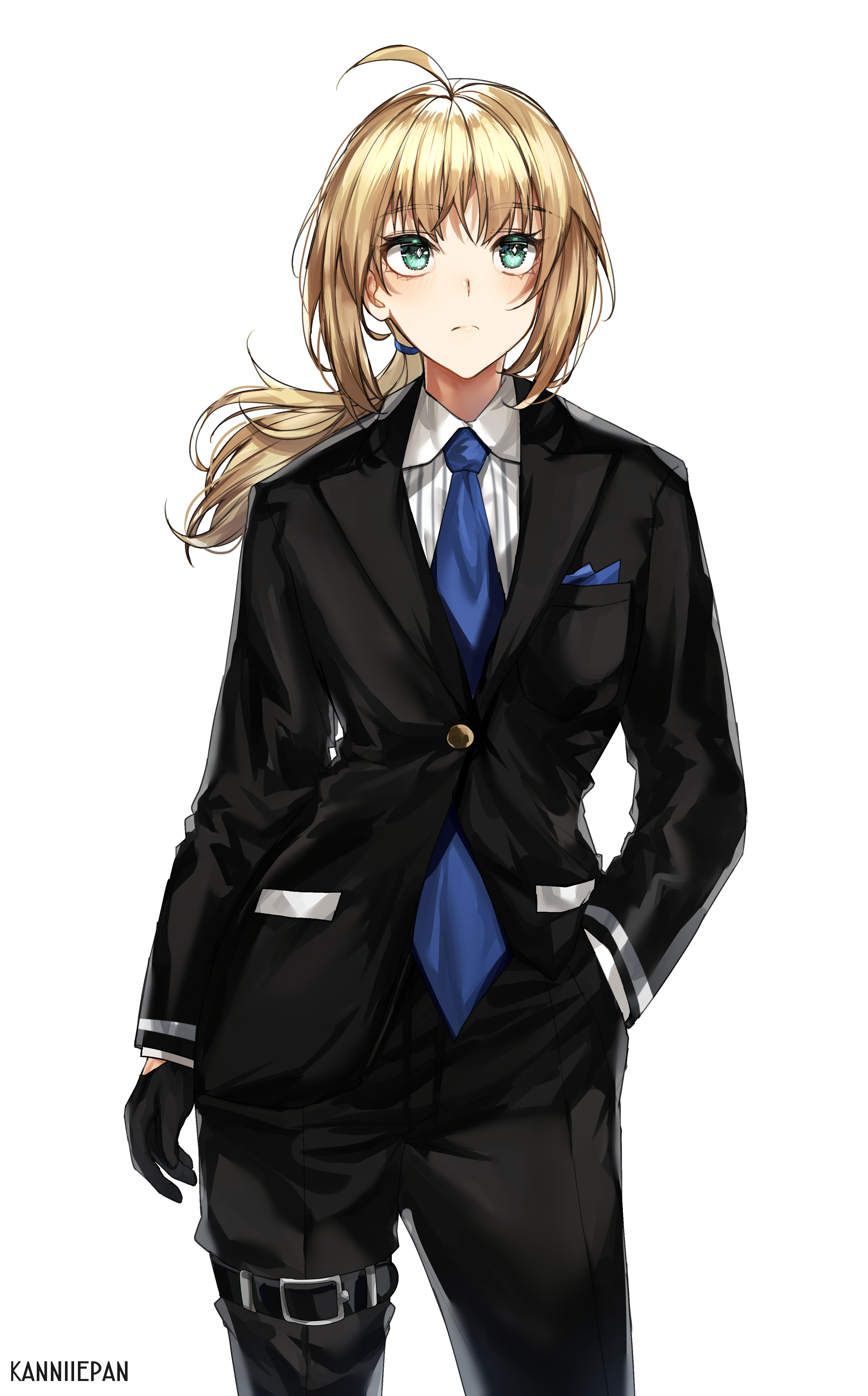 Anime 2953x4748 Fate series Fate/Stay Night Fate/Zero anime girls long hair black suit ponytail ahoge small boobs Saber green eyes black gloves portrait display fan art simple background 2D anime blonde suits Artoria Pendragon