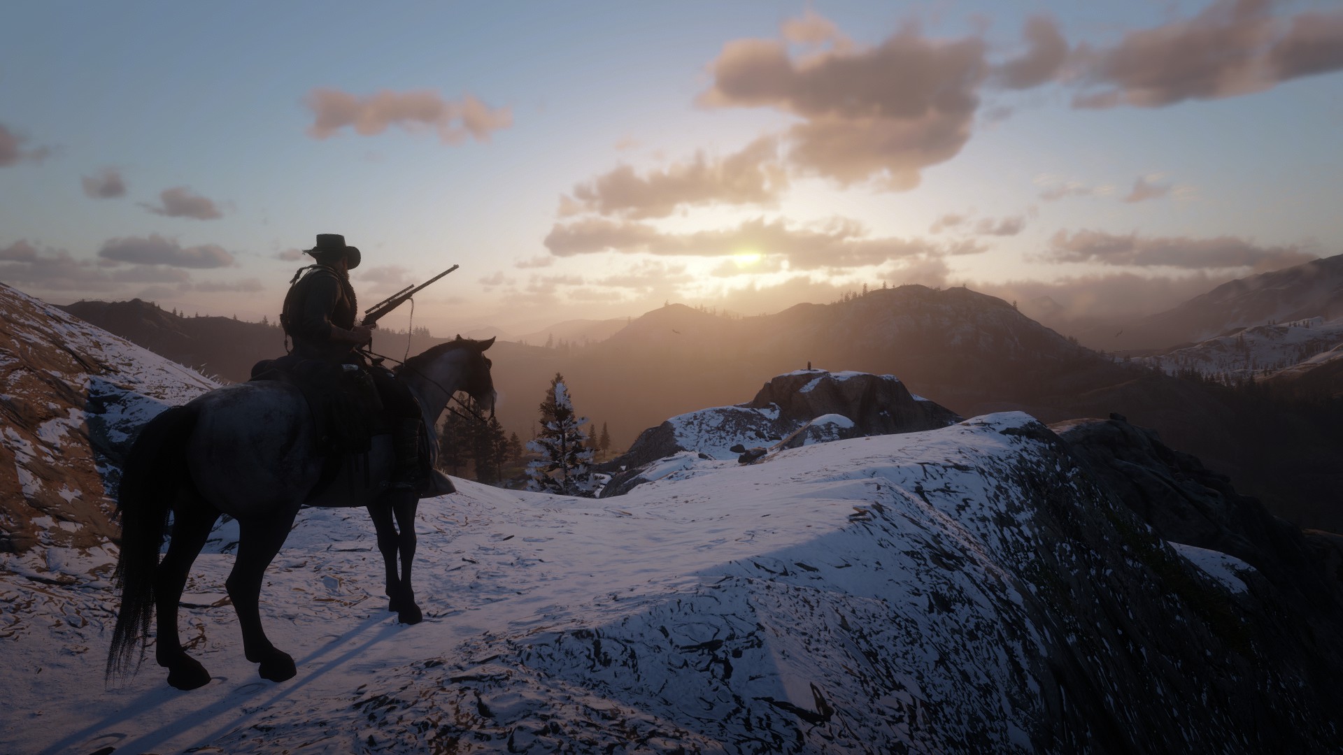 General 1920x1080 Red Dead Redemption 2 PC gaming cowboy western horse screen shot video game art snow sunrise mountains nature
