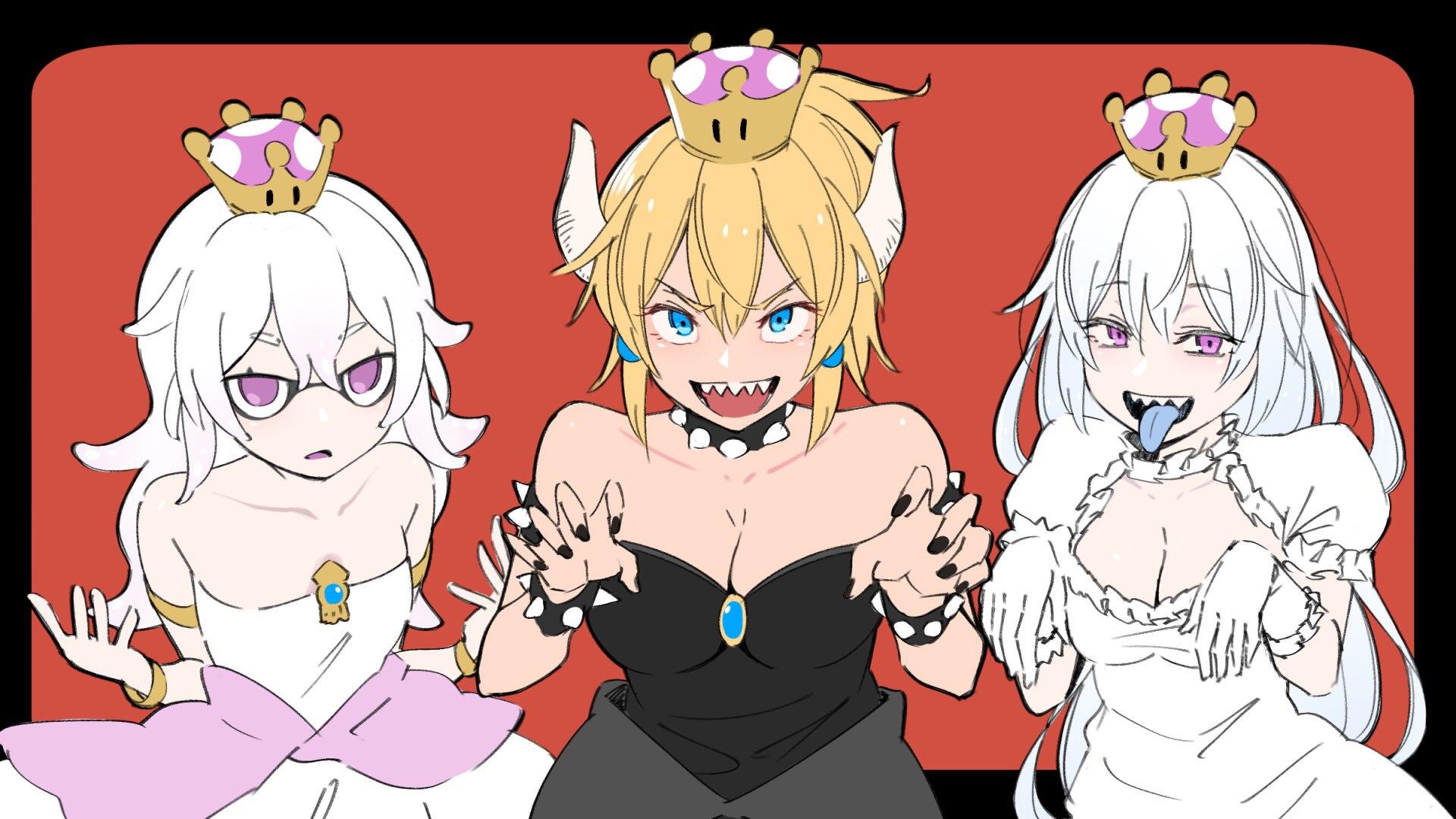 Anime 1920x1080 Bowsette Booette Bloopette red background anime girls shark teeth white hair blonde cleavage simple background