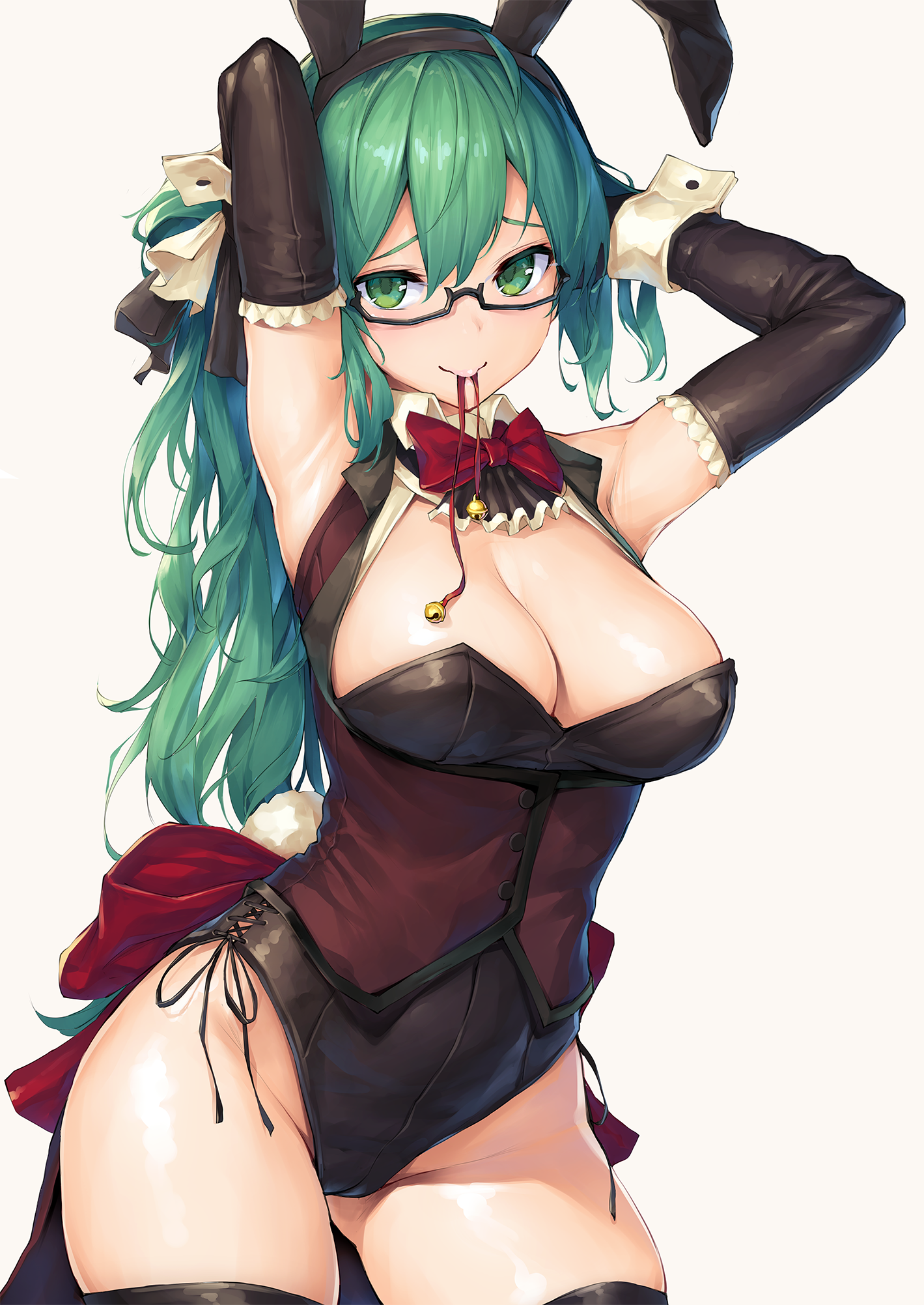 Anime 1419x2003 anime anime girls digital art artwork 2D portrait display Sy4may0 green hair green eyes glasses smiling bunny suit cleavage
