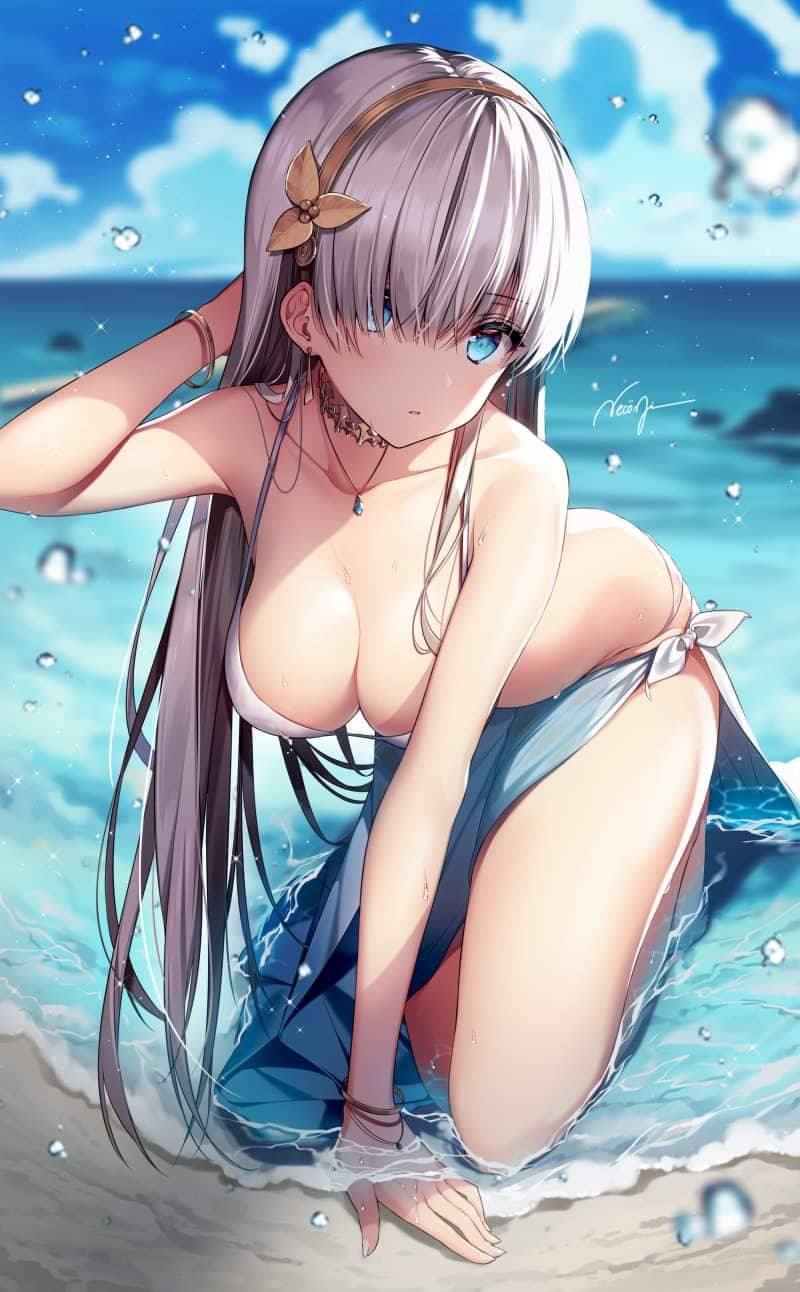 Anime 800x1292 big boobs bikini long hair ocean view anime anime girls silver hair blue eyes beach bent over cleavage Fate series Fate/Grand Order Anastasia (Fate/Grand Order) artwork Necomi