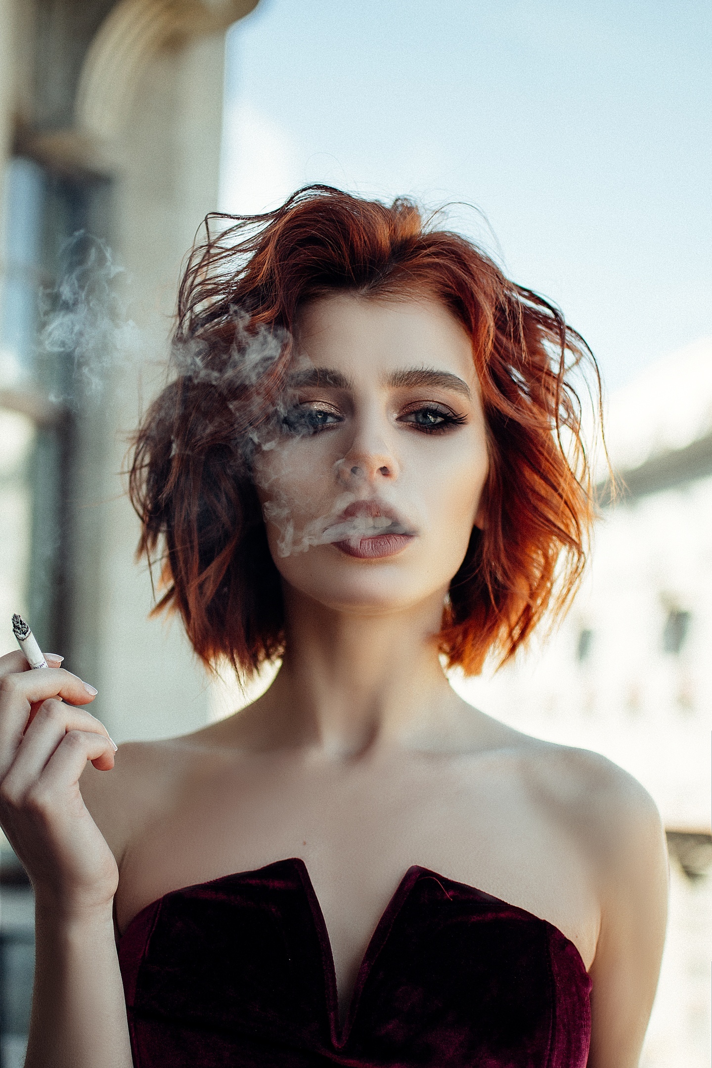 People 1440x2160 women model short hair redhead dyed hair looking at viewer portrait display natural light smoking smoke