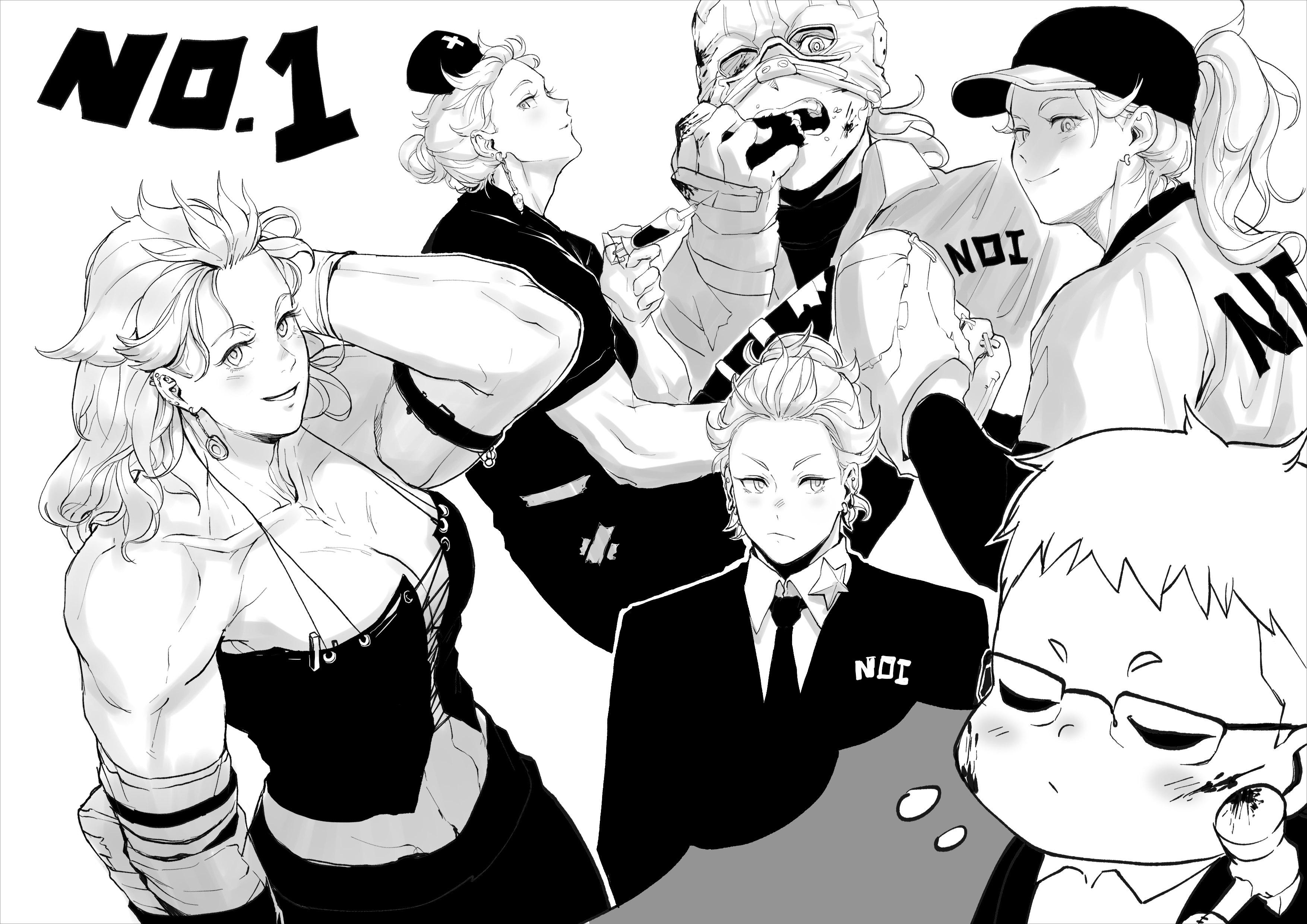 Anime 3508x2480 Dorohedoro anime girls anime boys muscles biceps abs 6-pack black corset mask no bra long hair short hair cleavage messy hairbun messy hair ponytail high angle nurse outfit black suit black pants blushing embarrassed men with glasses Noi (Dorohedoro) Shin (Dorohedoro) 2D silver hair monochrome looking at viewer simple background bare shoulders fan art anime girls eating smiling anime muscular