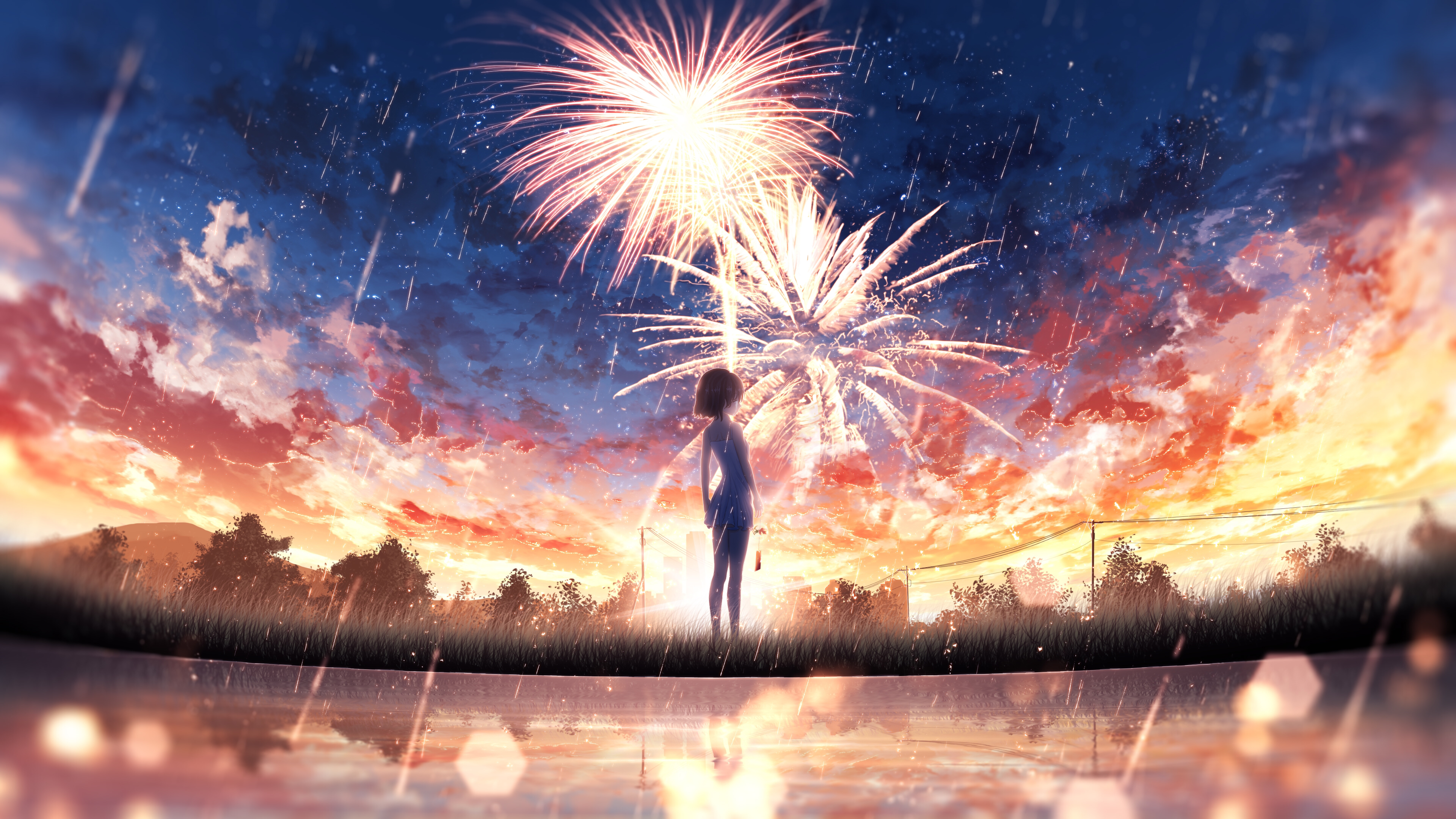 Anime 3840x2160 anime anime girls women fantasy girl digital art artwork illustration environment concept art landscape sky skyscape water sea reflection nature outdoors Sun sunlight trees fireworks wind wind chimes sad crying woman crying dress tears clouds lights