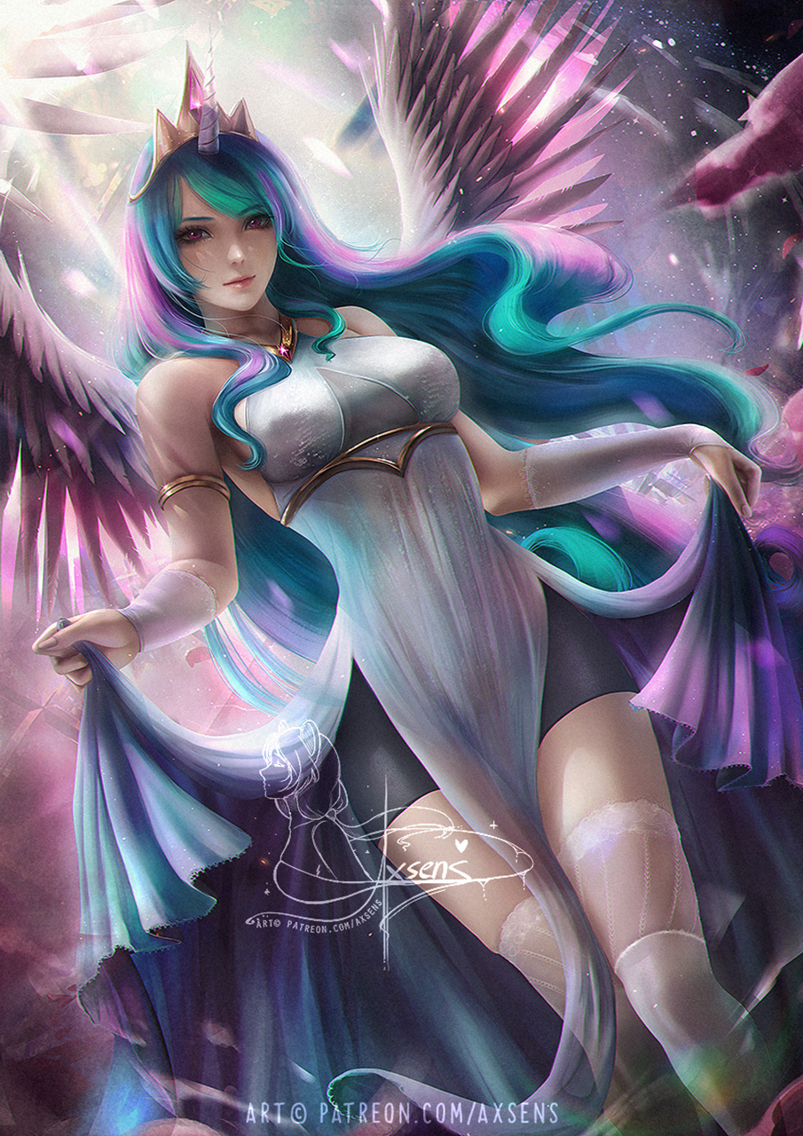 General 905x1280 Axsens drawing My Little Pony Princess Celestia women pink hair turquoise hair multi-colored hair looking at viewer crown dress wings anime