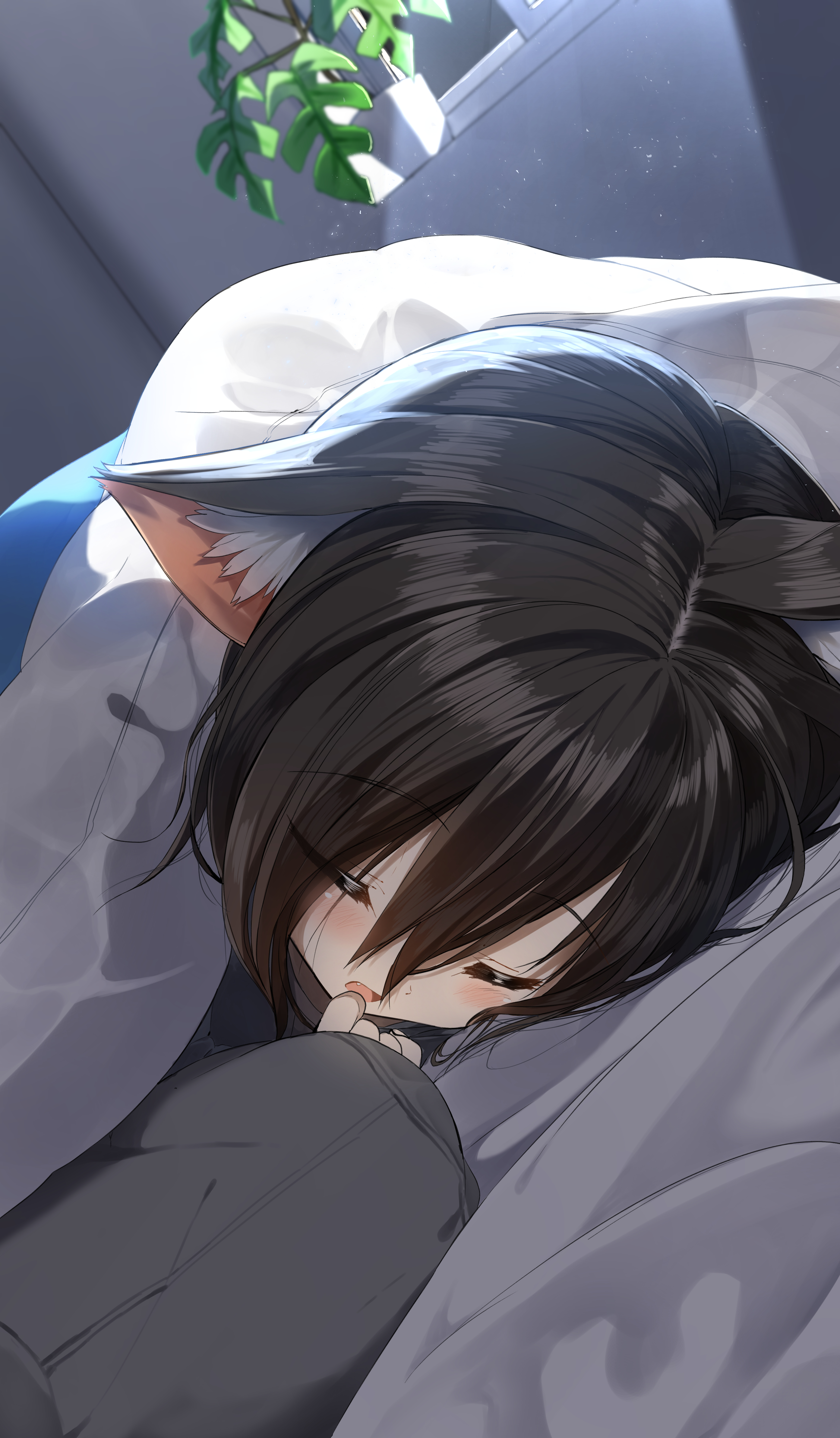 Anime 2786x4767 anime anime girls digital art artwork 2D portrait display sleeping RailgunKy animal ears cat girl dark hair in bed