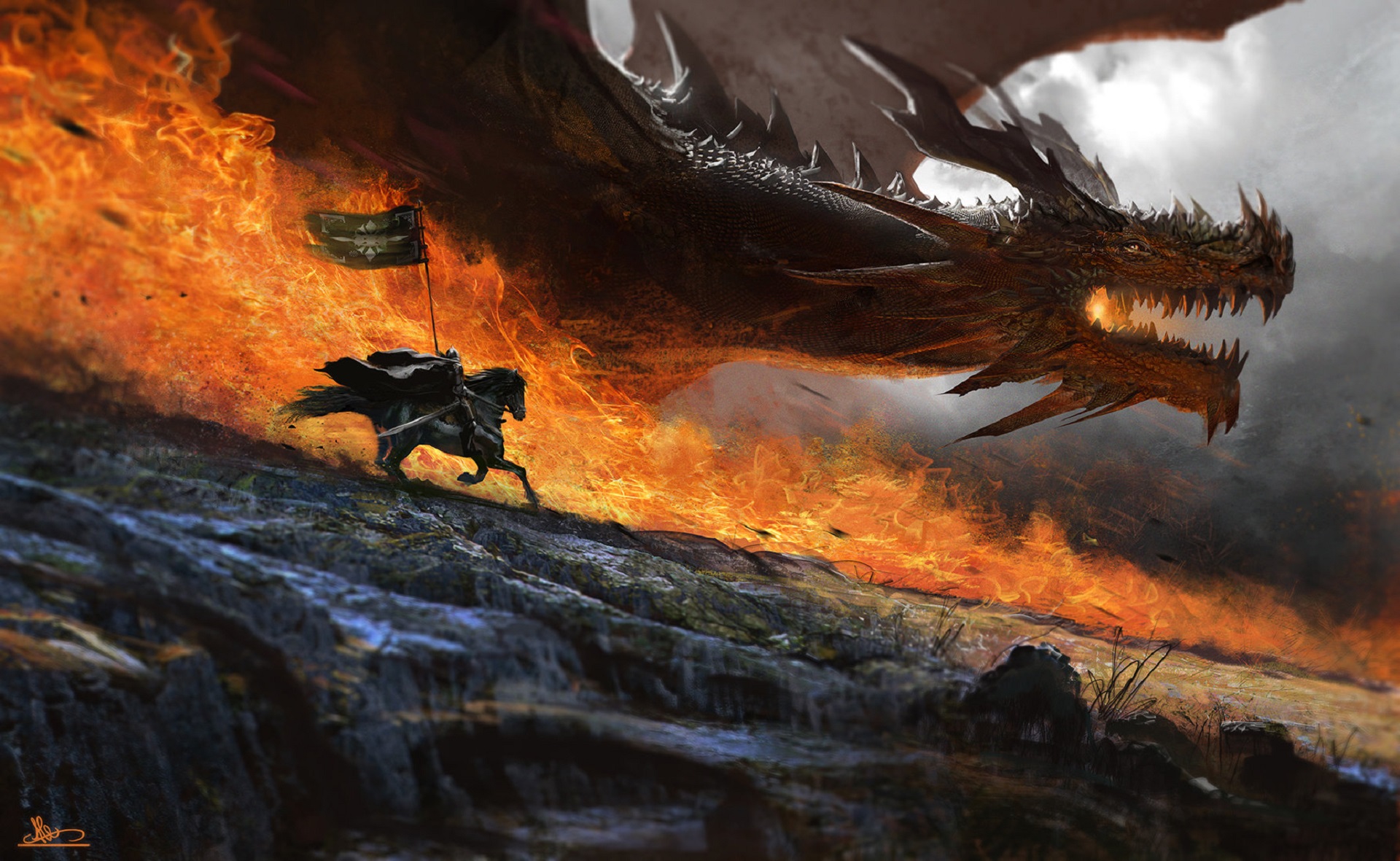 General 1920x1181 digital art soldier dragon fire warrior horse flag knight fantasy art Alejandro Olmedo