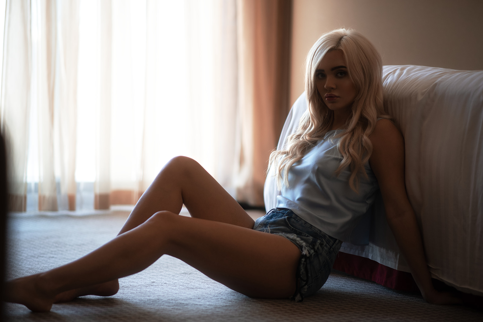 People 2048x1367 women blonde sitting jean shorts bed brunette on the floor low light