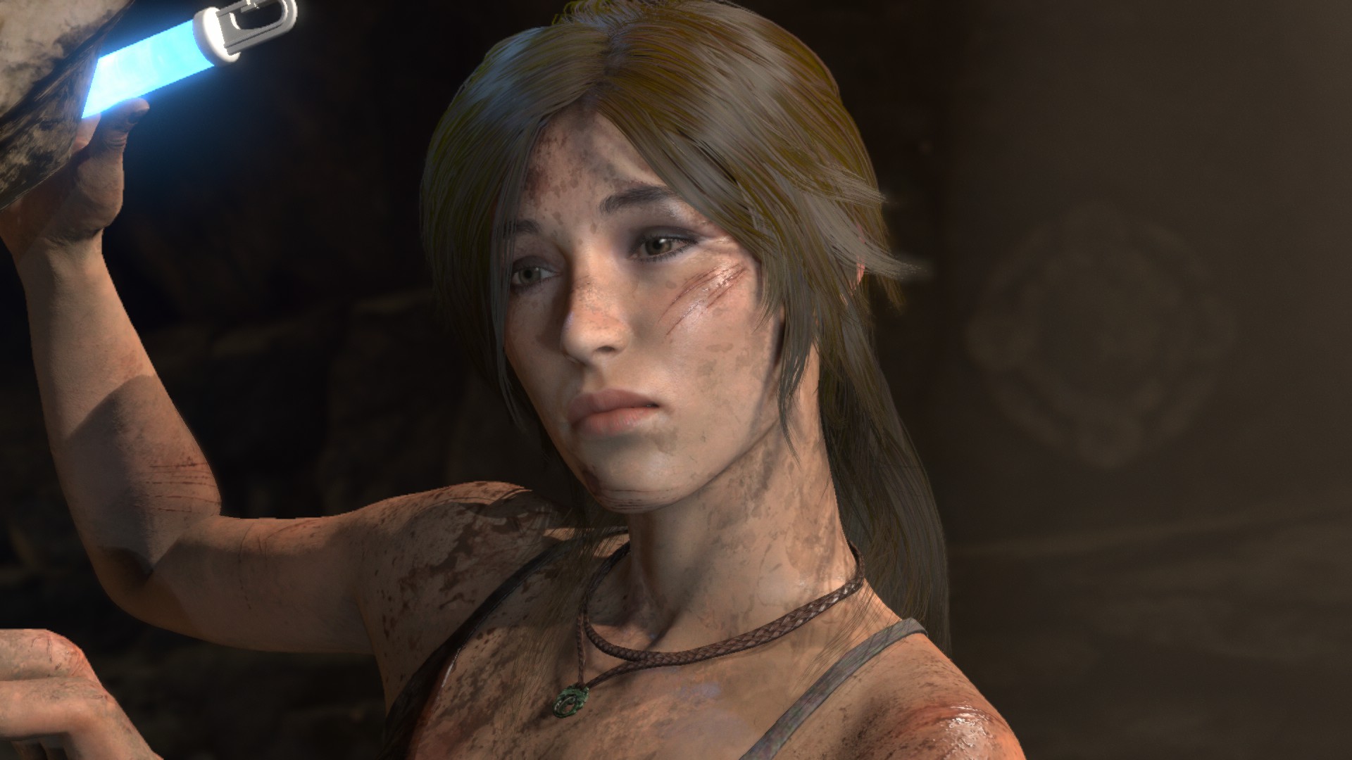 General 1920x1080 Rise of the Tomb Raider looking into the distance scars brown eyes brunette necklace sad pink lipstick Lara Croft (Tomb Raider) video games PC gaming blue light screen shot