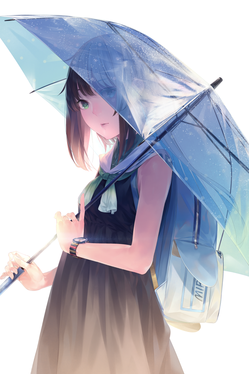 Anime 865x1300 anime anime girls umbrella white background green eyes brunette dress backpacks Sawasawa