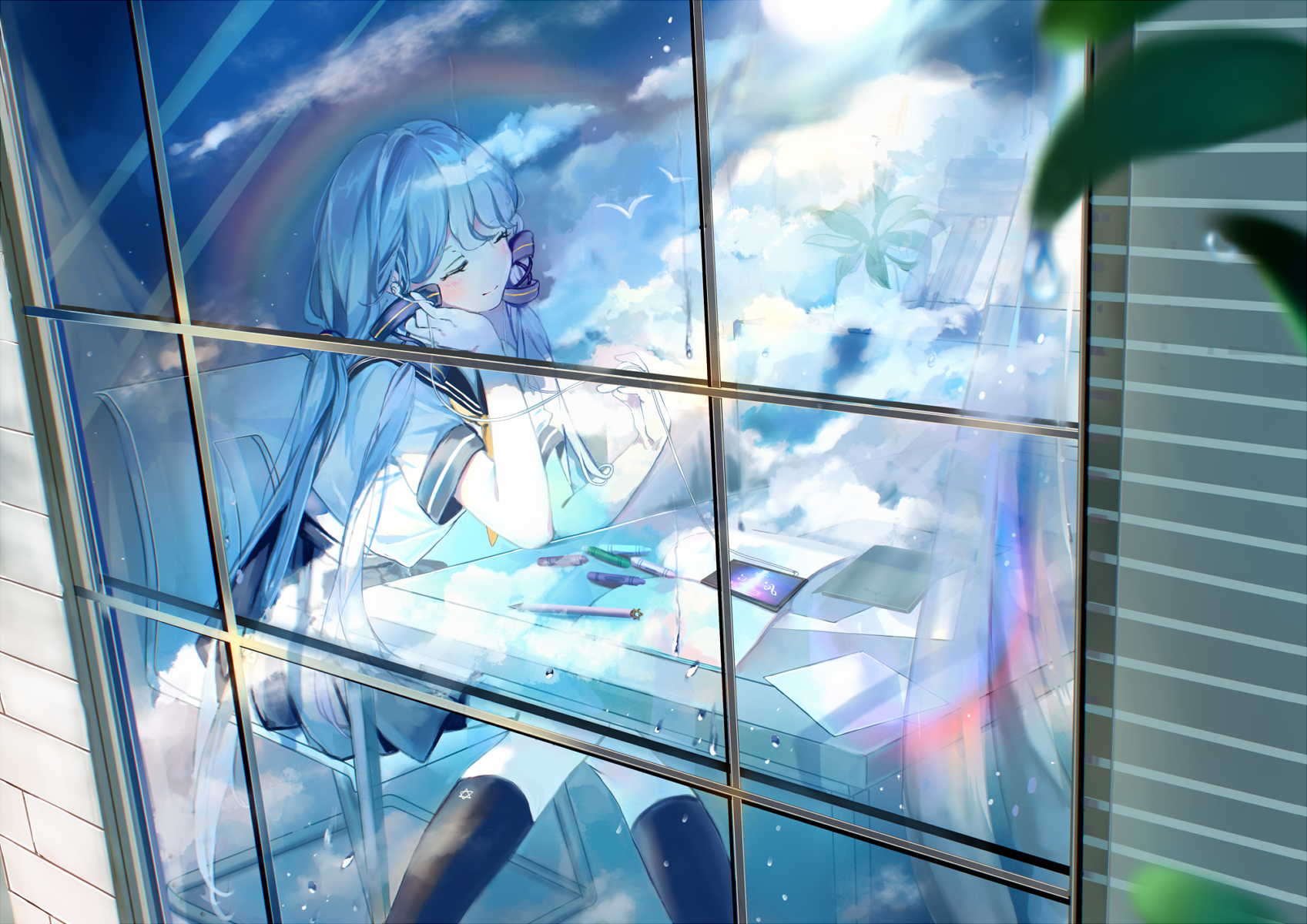 Anime 1697x1200 anime anime girls blue hair window sitting