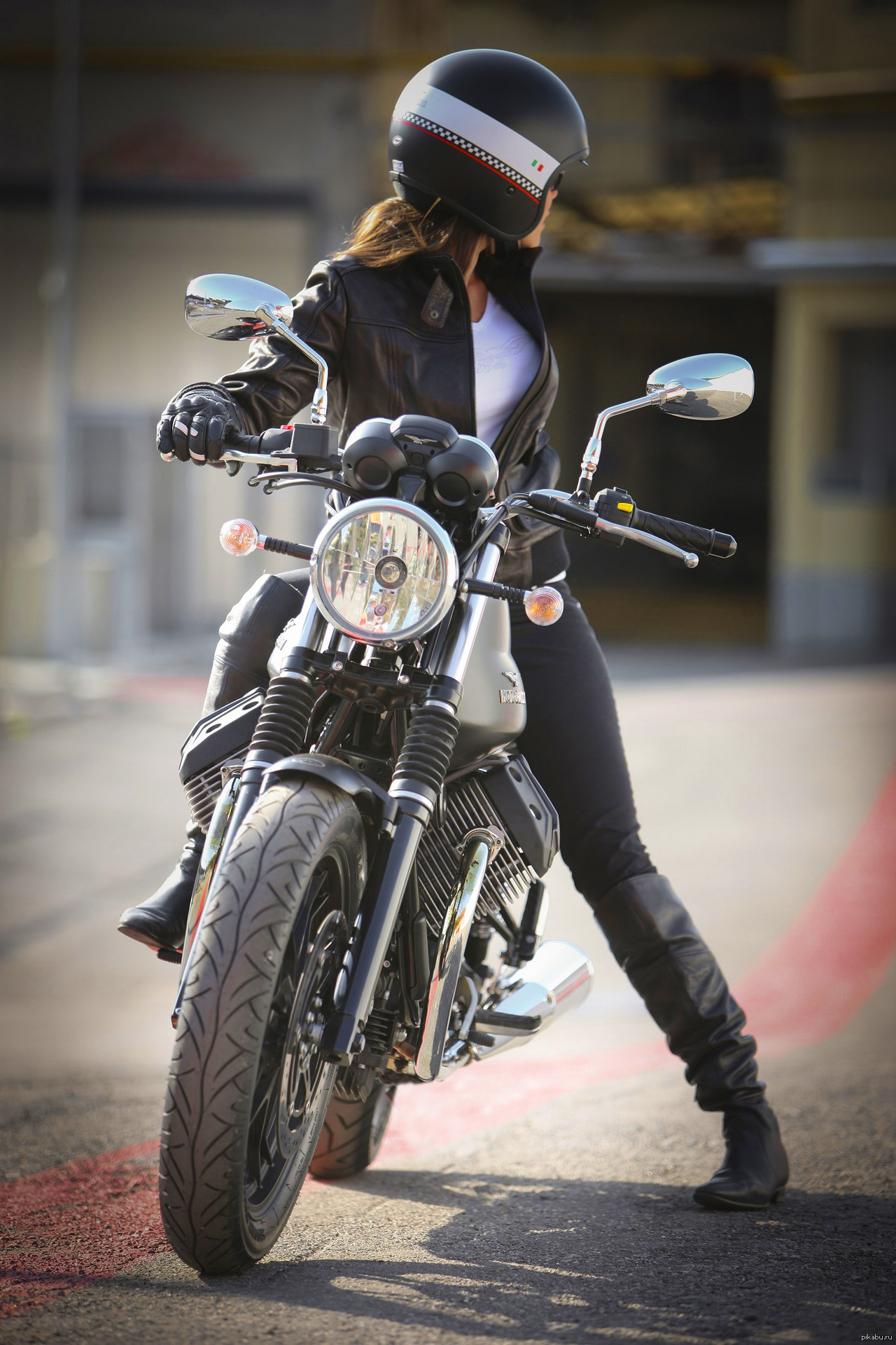 People 1280x1920 women model brunette long hair portrait display helmet women with motorcycles street women outdoors boots leather jacket motorcycle