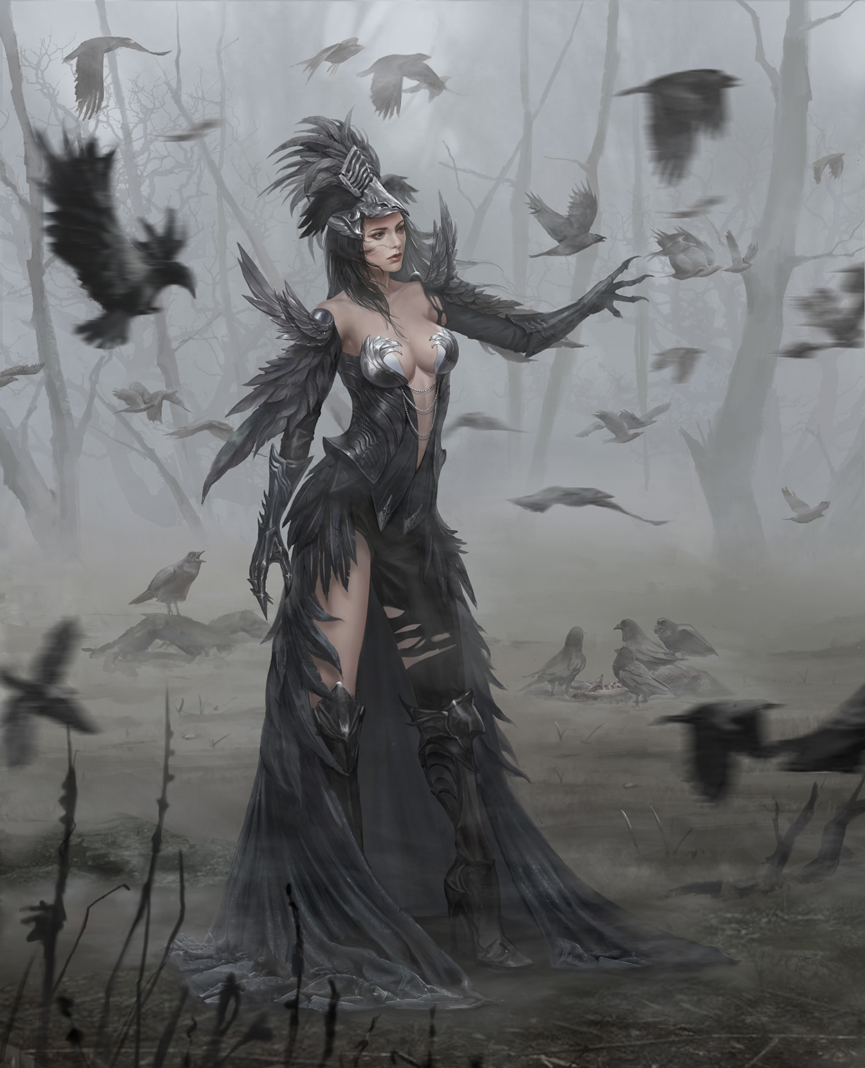 General 1250x1543 women brunette dress nature dark crow feathers cleavage fantasy girl big boobs