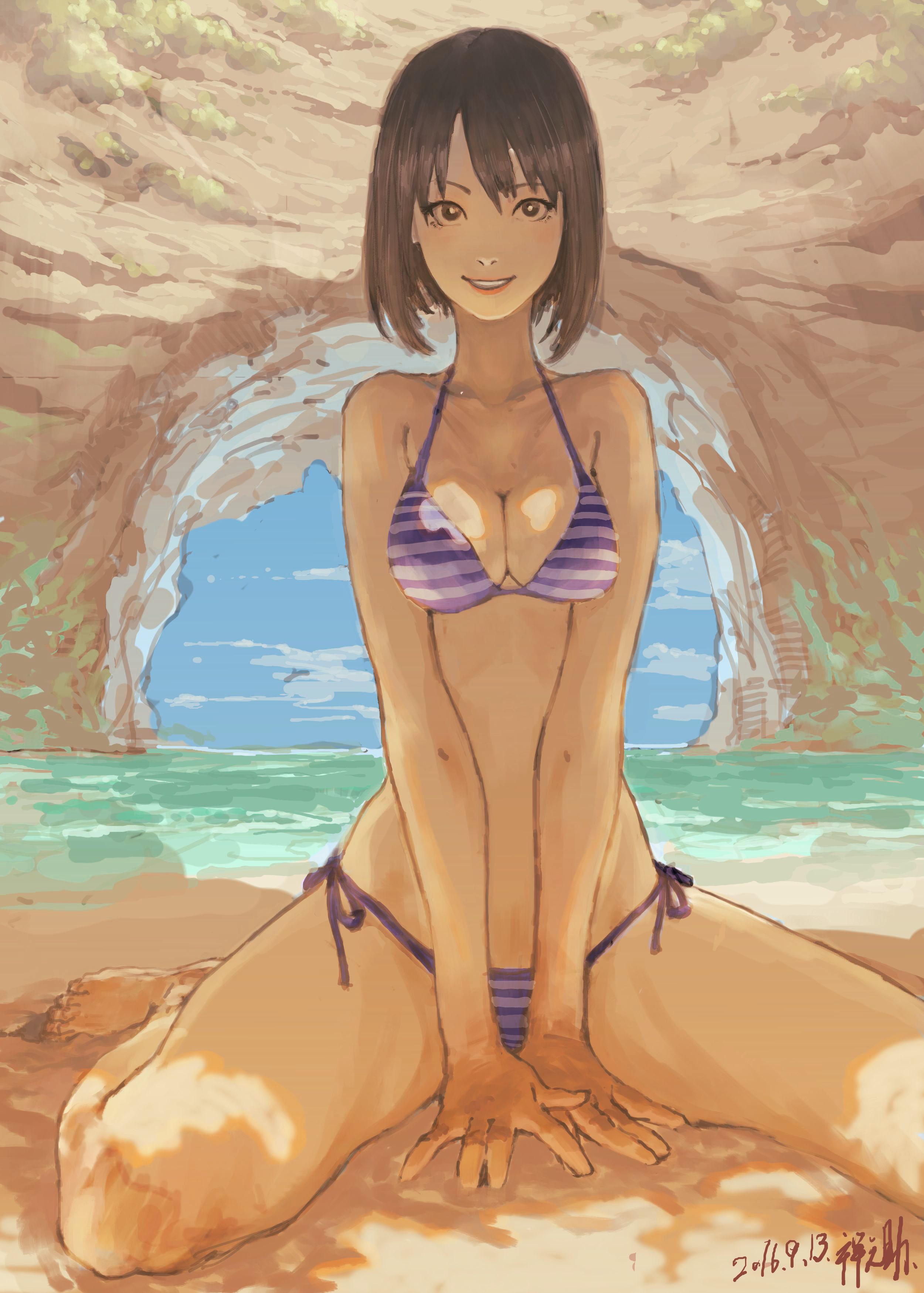 Anime 2500x3500 anime girls anime bikini kneeling boobs brunette smiling Zen Yukisuke cleavage striped bikini