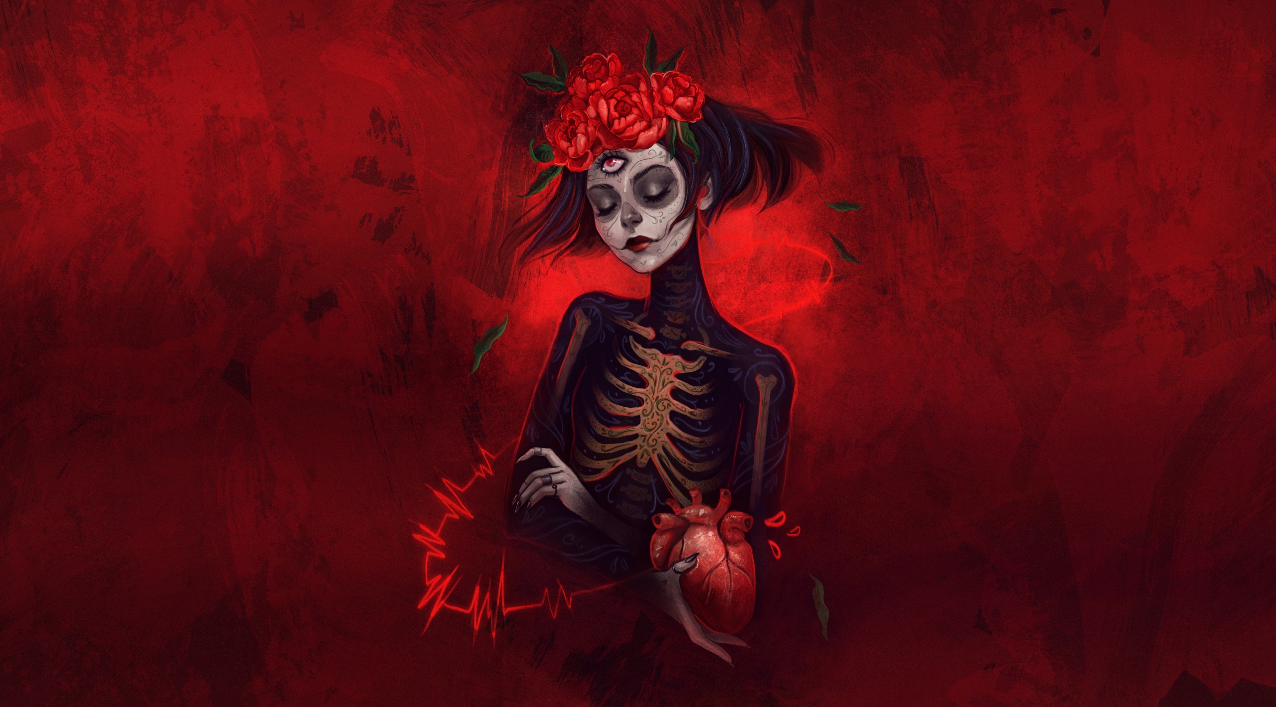 General 2560x1420 artwork women red background skull red simple background fantasy girl digital art minimalism short hair flower in hair closed eyes closed mouth skeleton body paint heart organs Dia de los Muertos red lipstick lipstick black nails painted nails