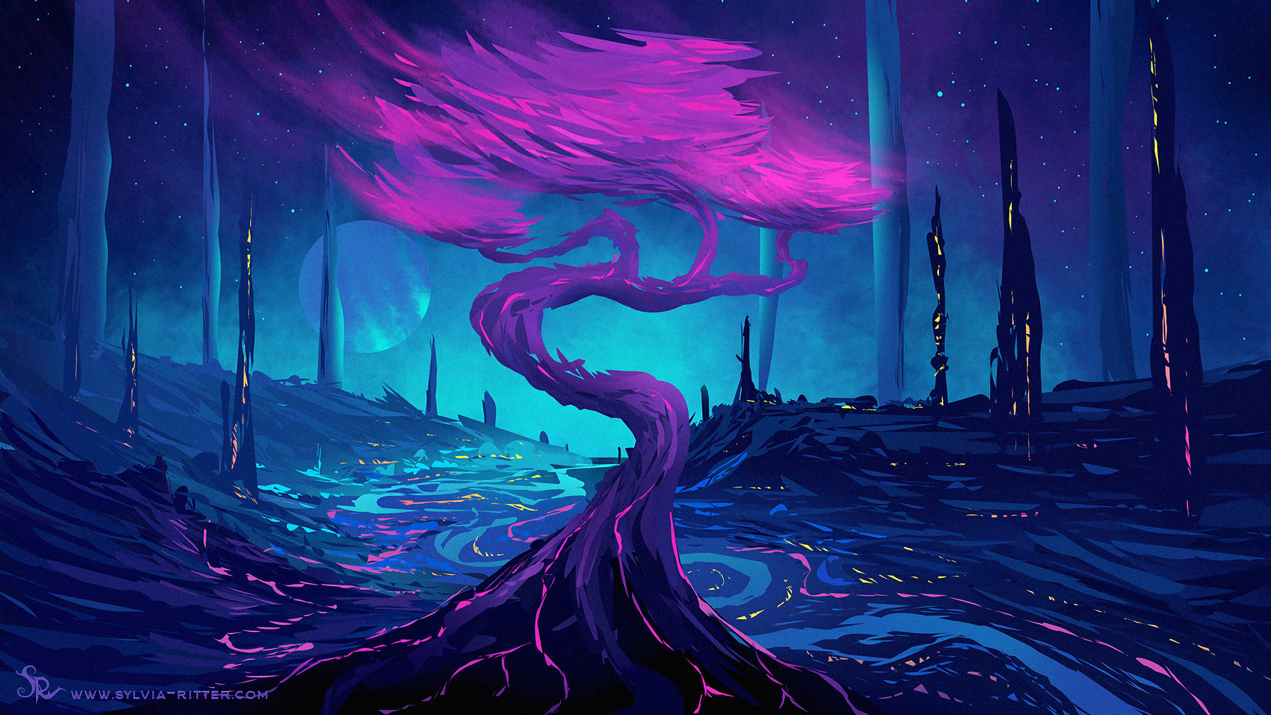 General 2560x1440 digital digital art artwork illustration drawing digital painting fantasy art trees planet purple blue pink space landscape nature aliens science fiction DeviantArt