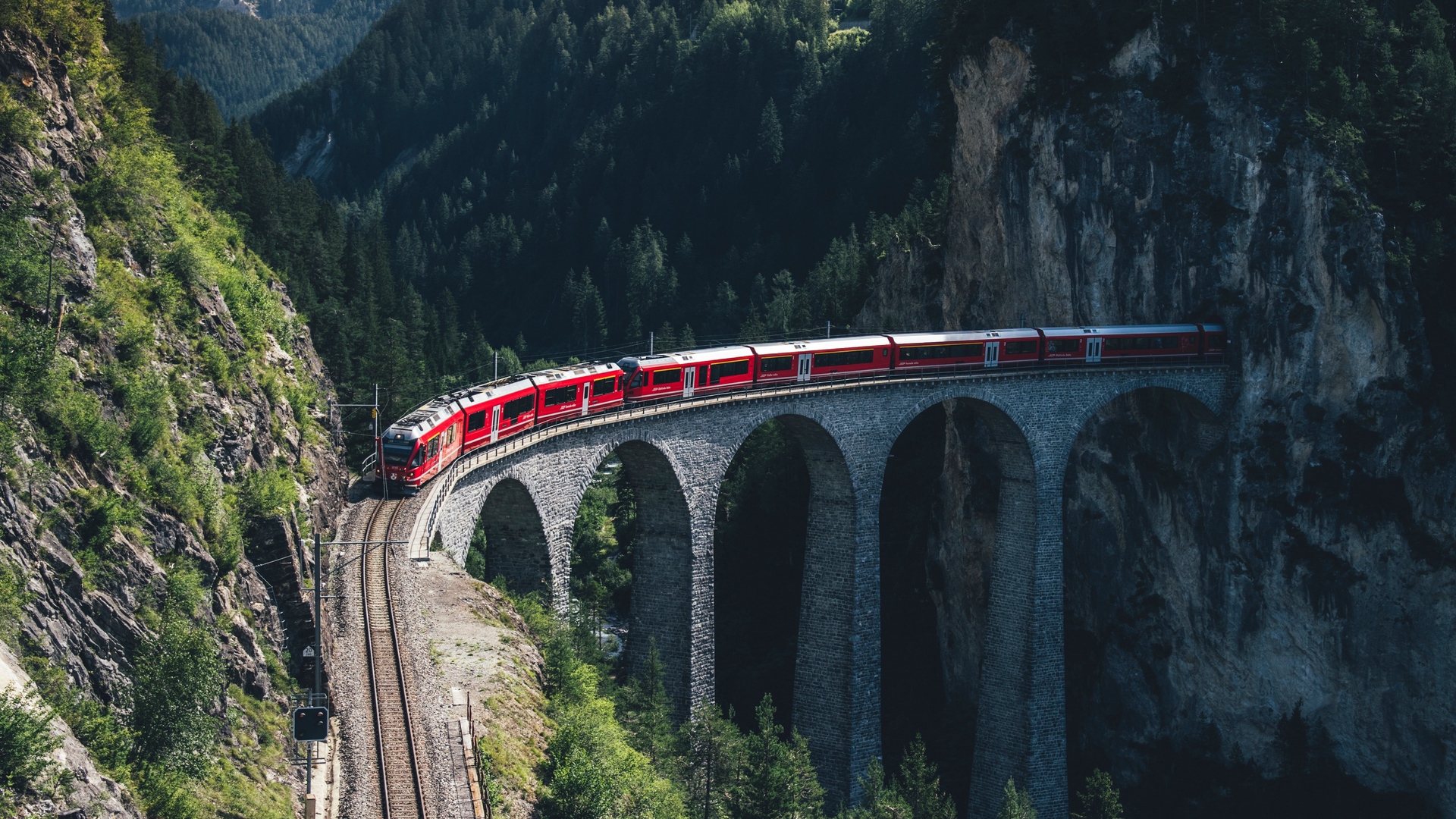 General 1920x1080 train mountains aerial view bridge railway Switzerland Bernina Pass Glacier Express Landwasser Viaduct