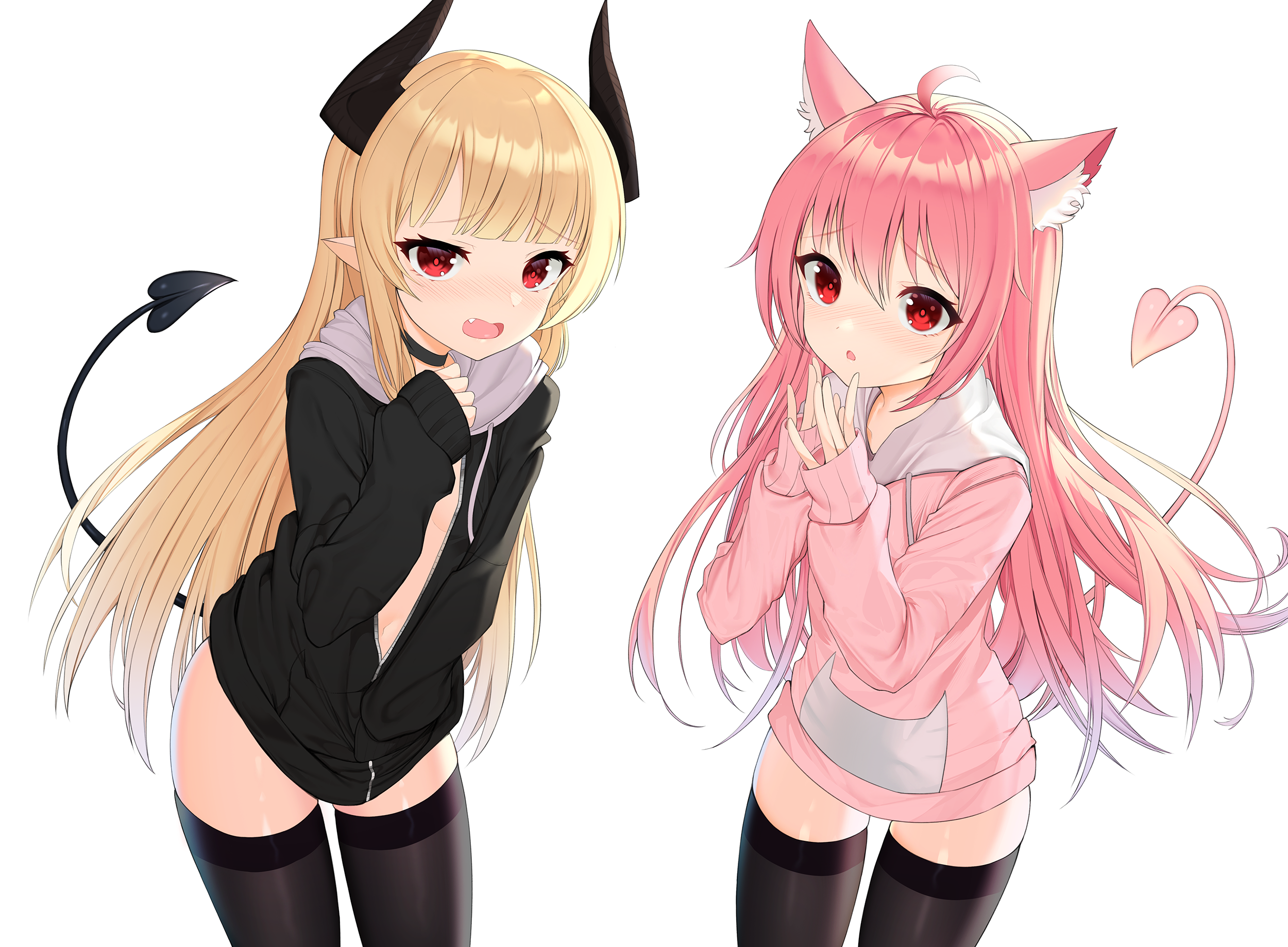 Anime 2500x1838 animal ears blonde horns tail red eyes pink hair choker cat girl hoods no bra thigh-highs pointy ears