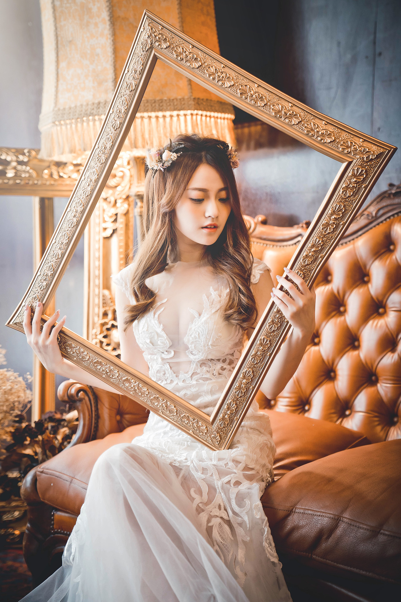 People 1365x2048 picture frames Asian women model women indoors brunette wreaths brides Mimi Peng wedding dress