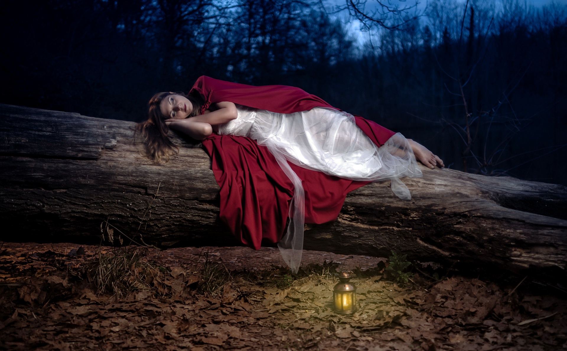 People 1920x1189 women sleeping fantasy girl closed eyes women outdoors cape white dress barefoot tree trunk lantern