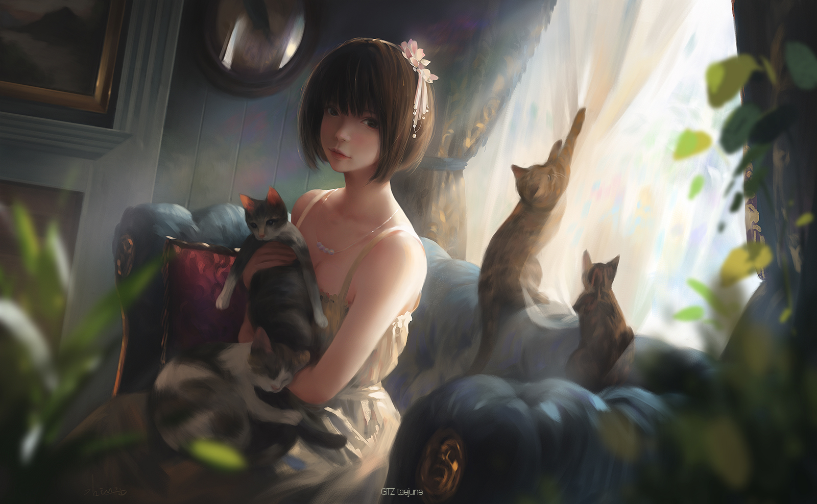 General 1600x988 Asian artwork digital art drawing portrait brunette looking at viewer cats sitting couch bokeh indoors necklace Taejune Kim