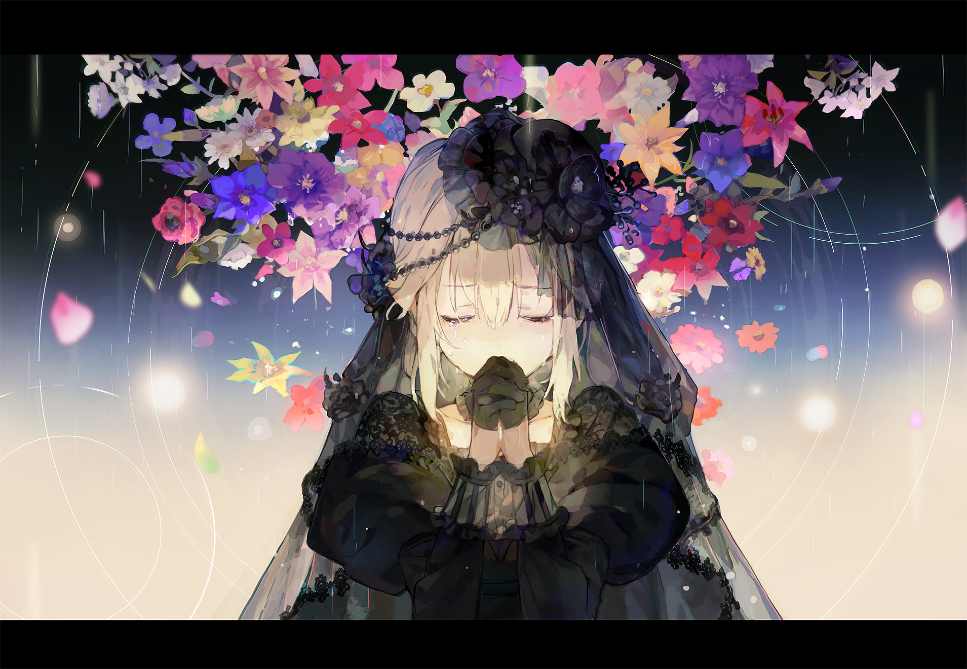 Anime 1909x1320 blonde dress flowers gloves Gothic hat lolita fashion tears crying