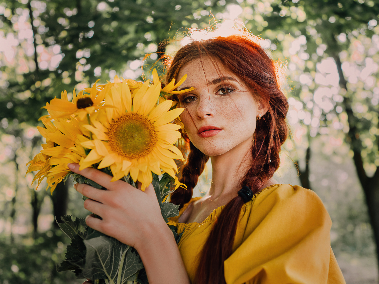 People 1600x1200 portrait braids twintails women outdoors face redhead freckles sunflowers looking at viewer bokeh women closeup