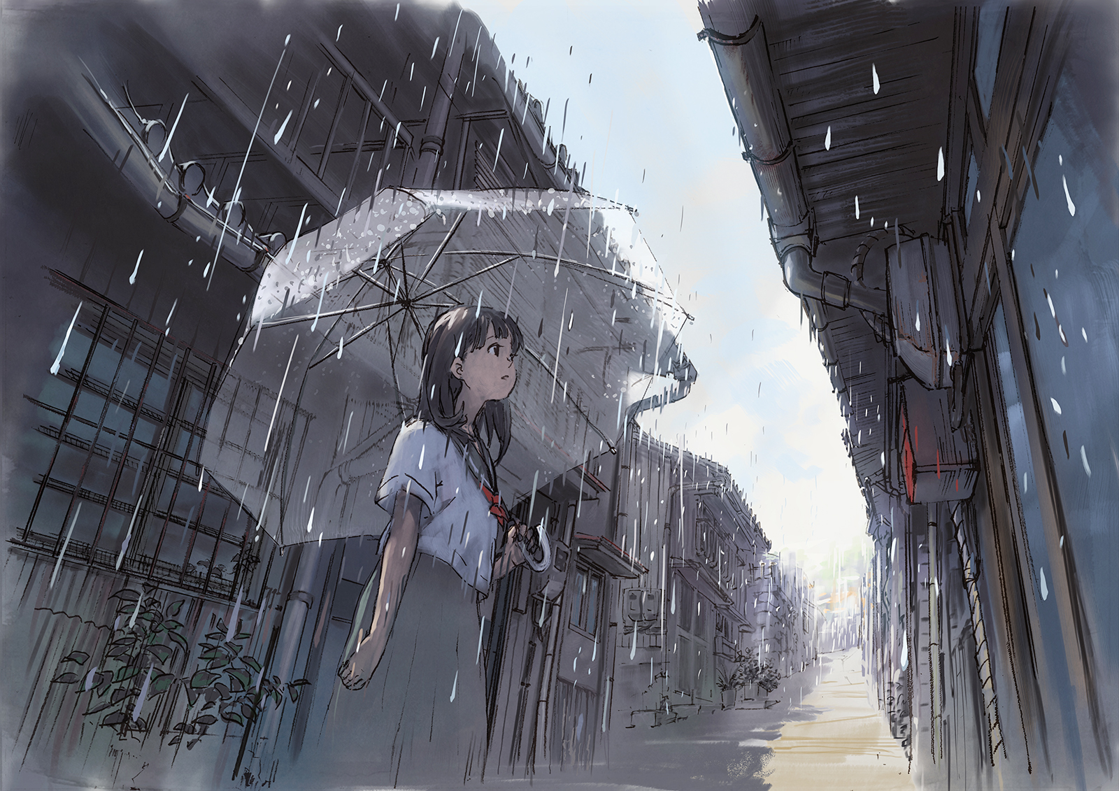 Anime 1600x1131 anime anime girls original characters school uniform umbrella rain dark hair Yoko (artist)