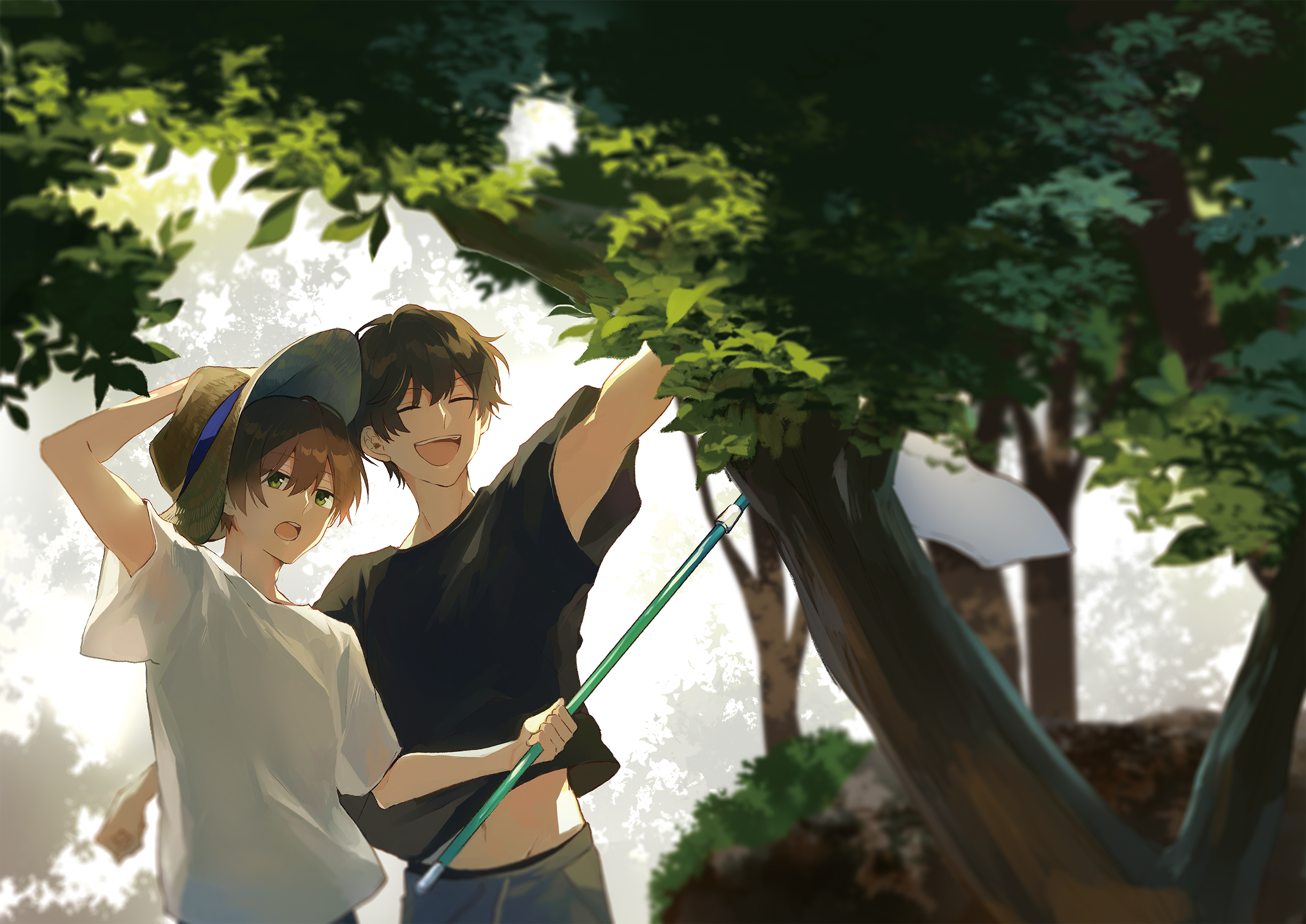 Anime 2560x1812 men anime summer Yaoi smiling straw hat trees leaves