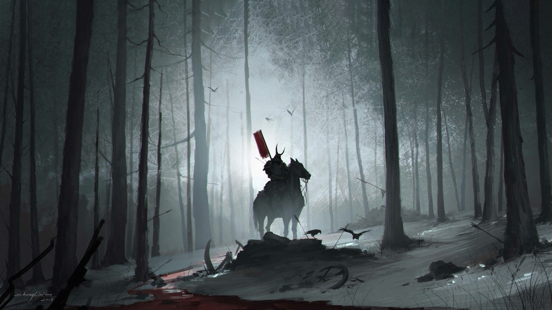 General 1920x1080 samurai horse men dark warrior artwork blood trees crow forest