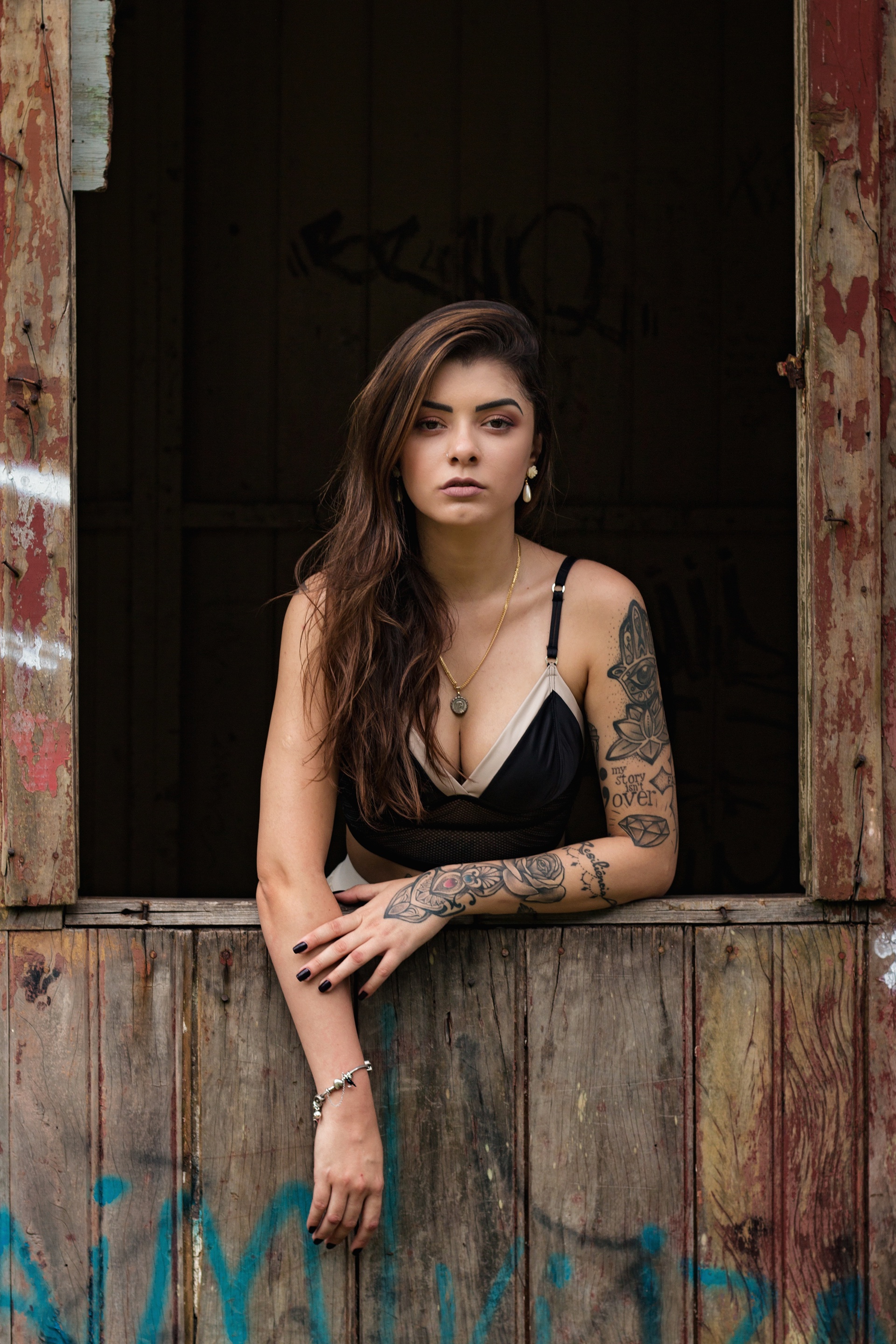Women Women Outdoors Long Hair Brunette Tattoo Necklace Wood