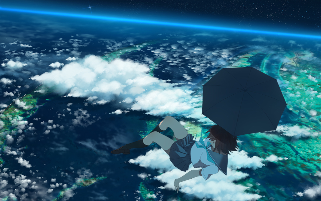 Anime 1284x805 clouds brunette Earth planet sky space stars atmosphere umbrella school uniform short hair floating