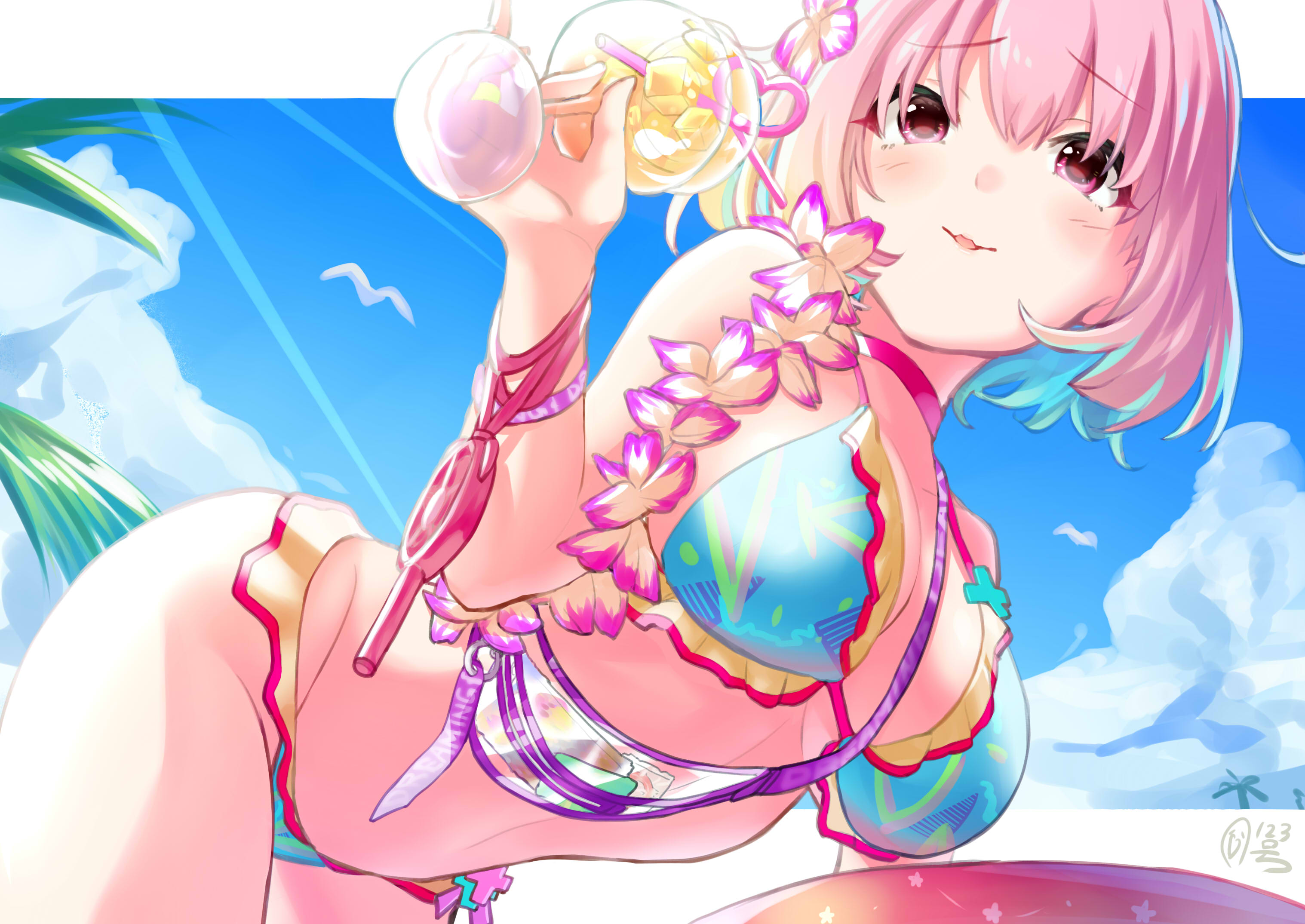 Anime 3035x2149 anime anime girls digital art artwork 2D THE iDOLM@STER: Cinderella Girls Riamu Yumemi low-angle cocktails flower in hair looking away palm trees bright