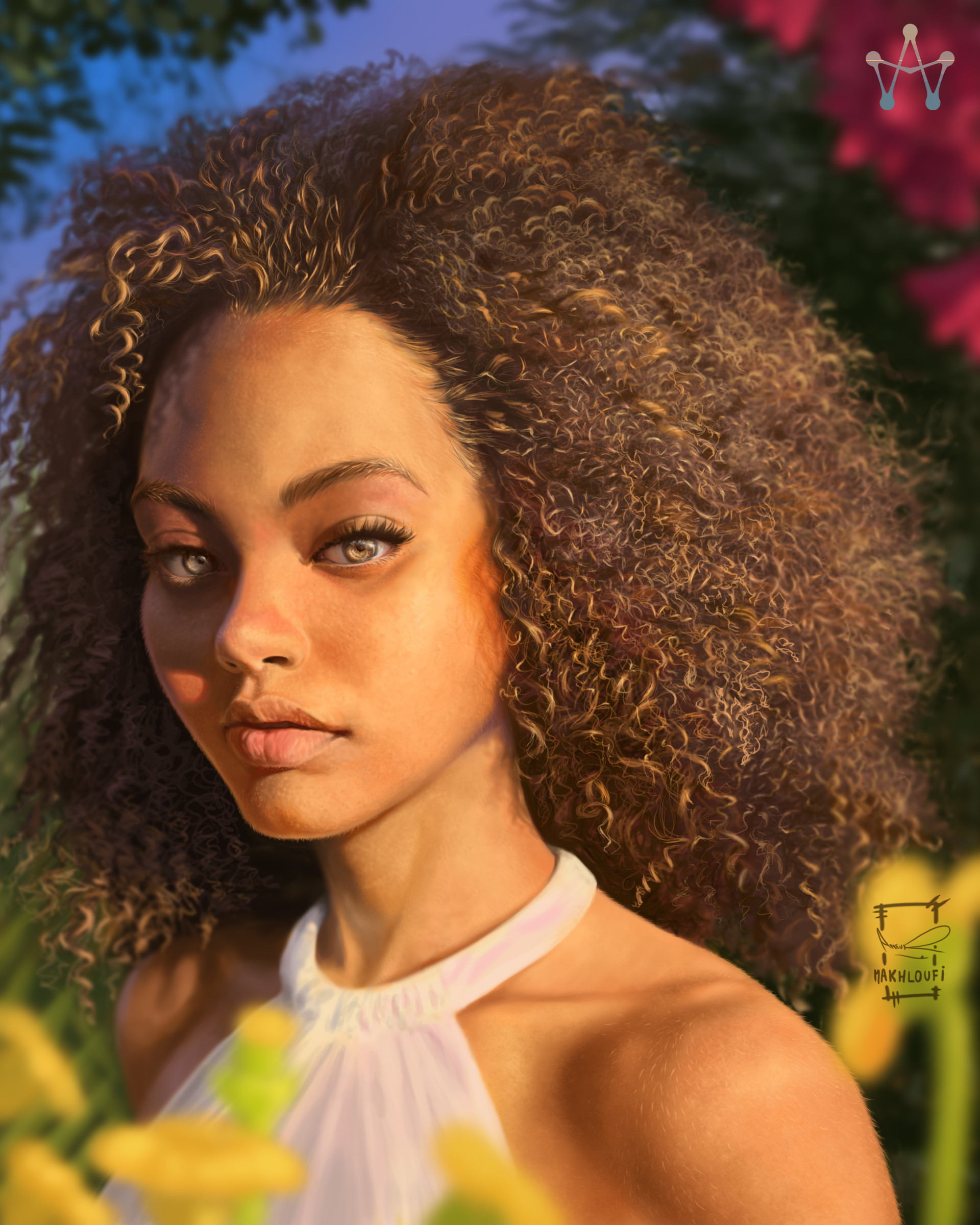 General 1920x2400 Ameur Makhloufi digital art illustration realistic women looking at viewer curly hair bare shoulders face