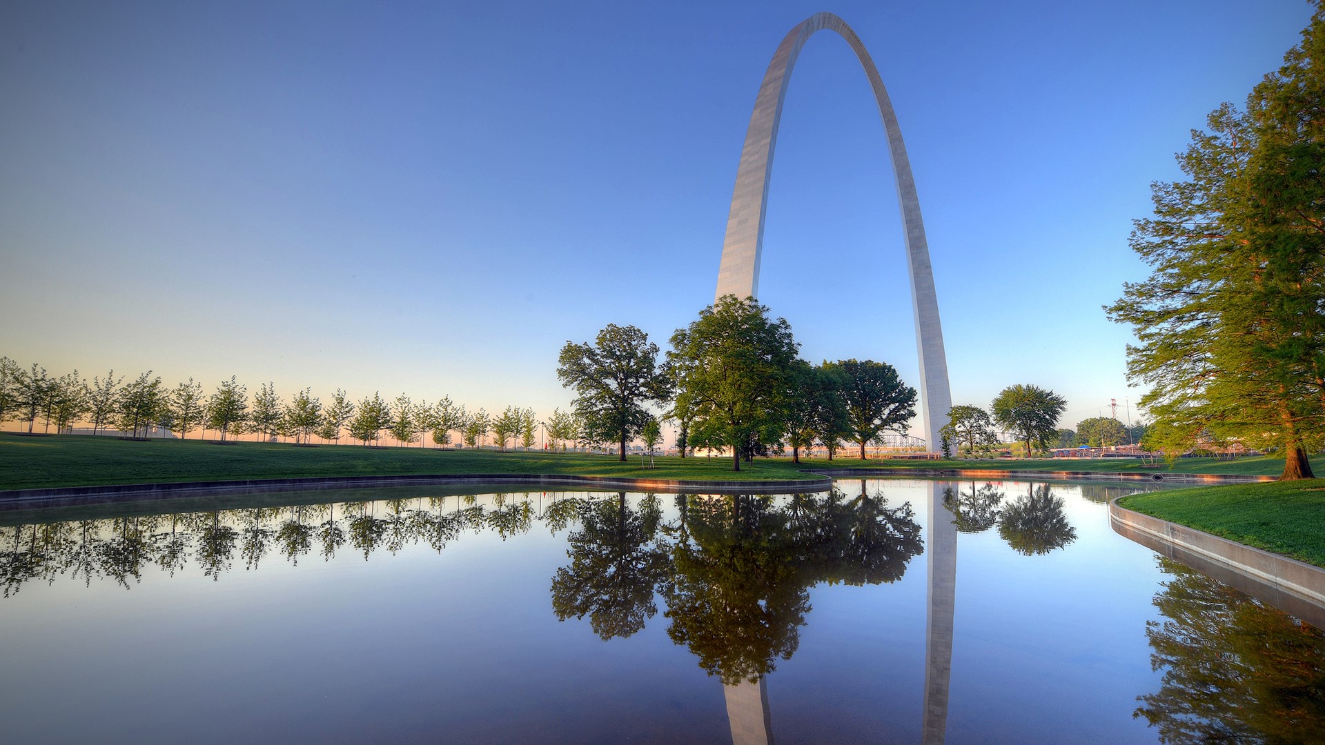 General 1920x1080 nature landscape sky water trees grass reflection Gateway Arch monuments St. Louis Missouri USA architecture