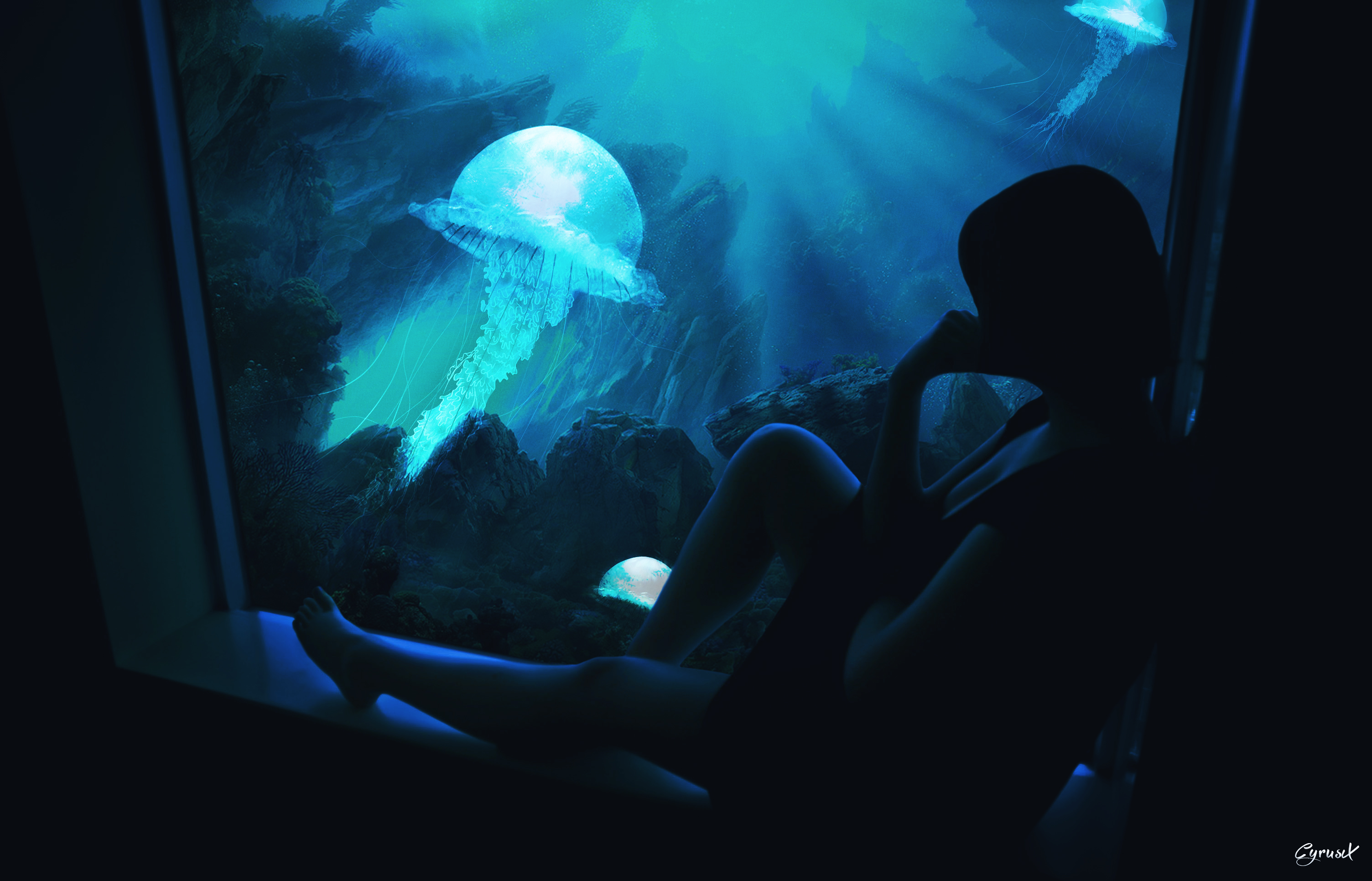 General 3008x1931 imagination alone thinking blue cyan jellyfish dark high angle digital art low light signature animals