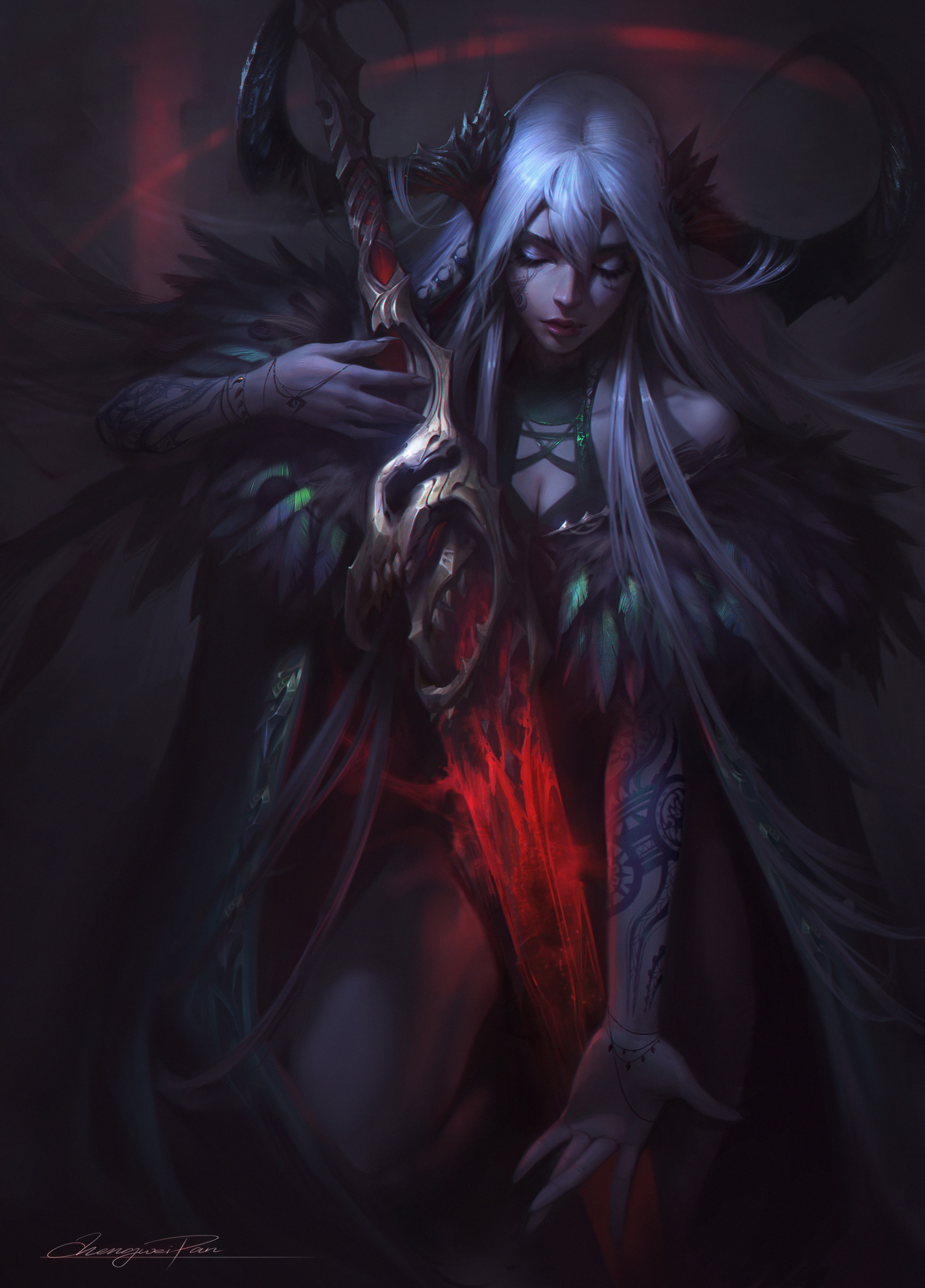 General 1920x2673 Chengwei Pan drawing silver hair horns weapon sword glowing mantle dark fantasy art feathers